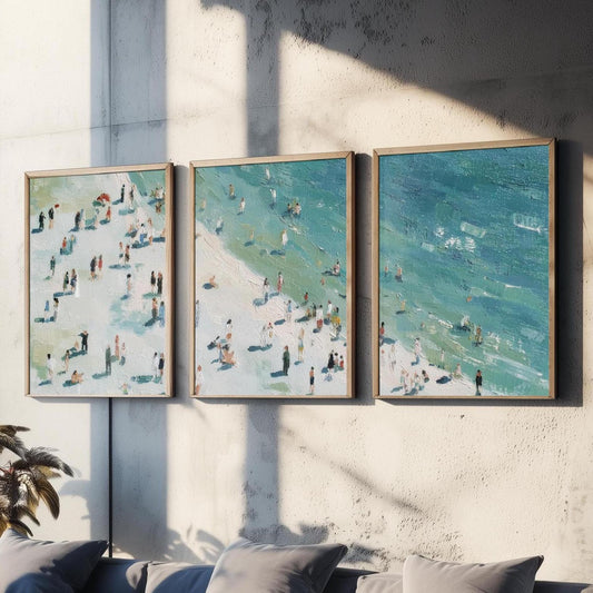 Aerial View of Whitby Beach Set of Three Posters - Populated Illustration of Ocean - 3 Art Prints Painting Sand Waves North Yorkshire