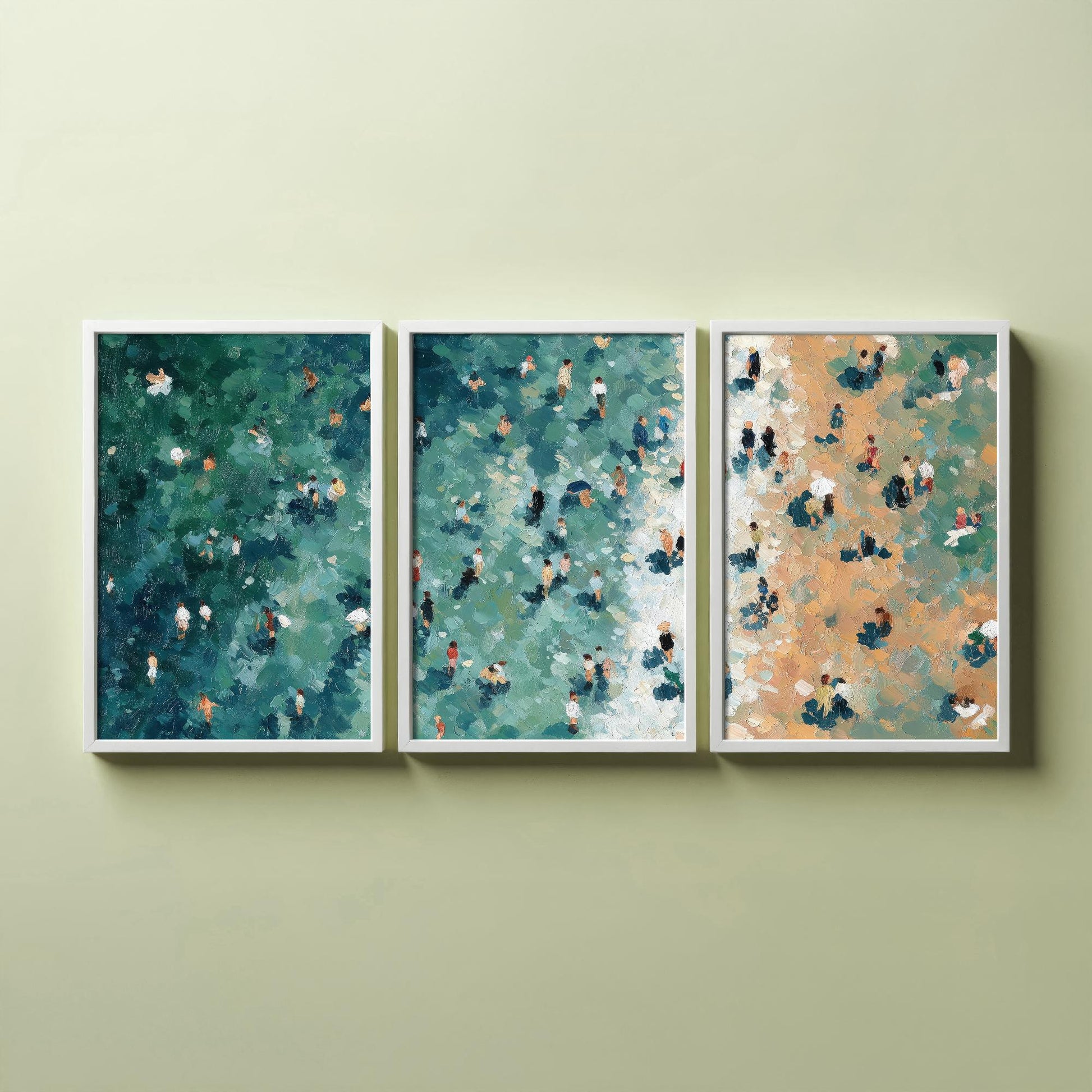 Aerial View of Camber Sands Beach Set of Three Posters - Populated Illustration of Ocean - 3 Art Prints Painting Sand Waves East Sussex Rye