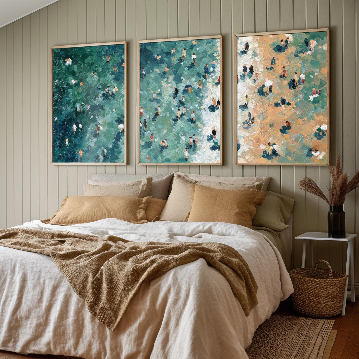 Aerial View of Camber Sands Beach Set of Three Posters - Populated Illustration of Ocean - 3 Art Prints Painting Sand Waves East Sussex Rye