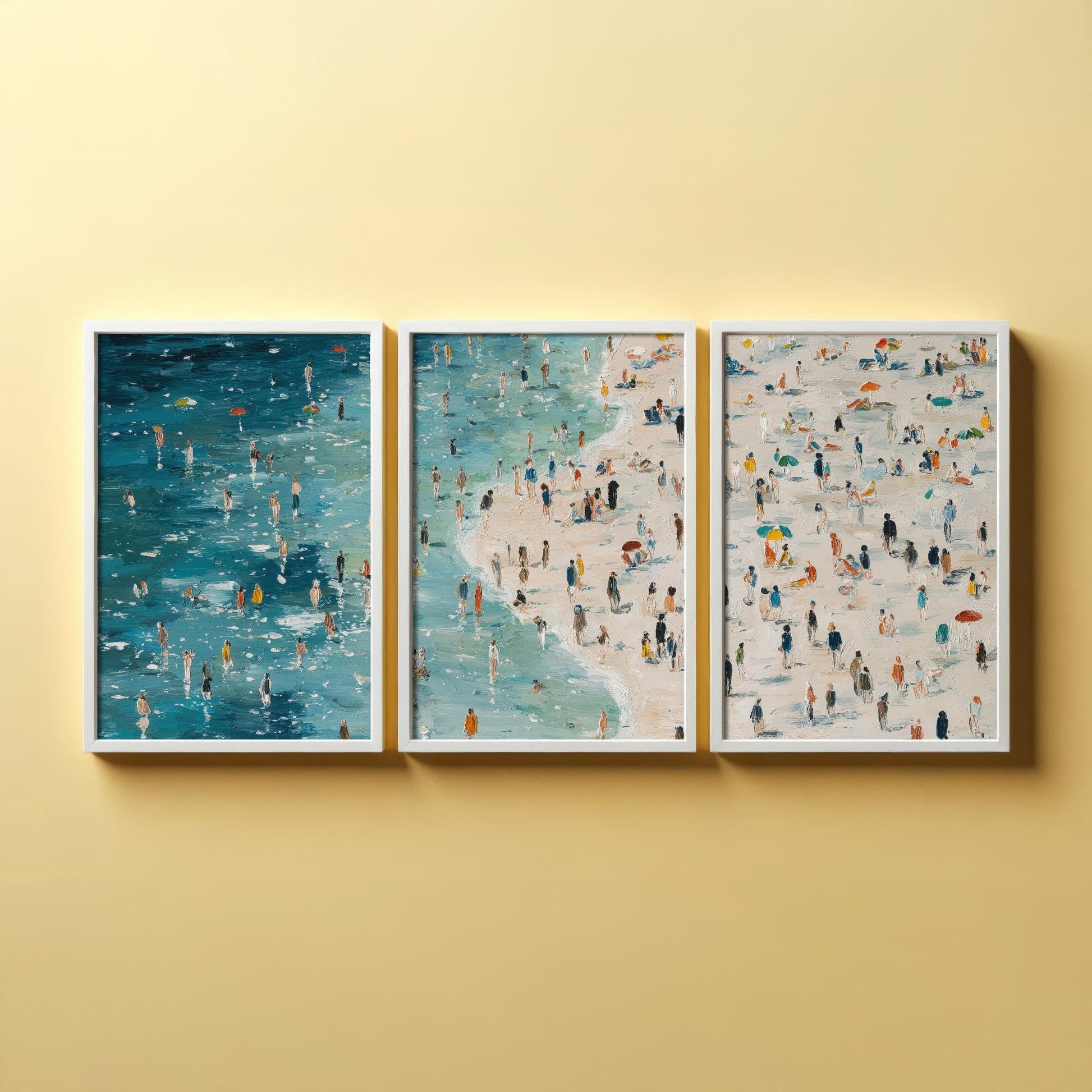 Aerial View of Aberystwyth South Beach Set of Three Posters - Populated Illustration of Ocean - 3 Art Prints Painting Sand Waves Wales