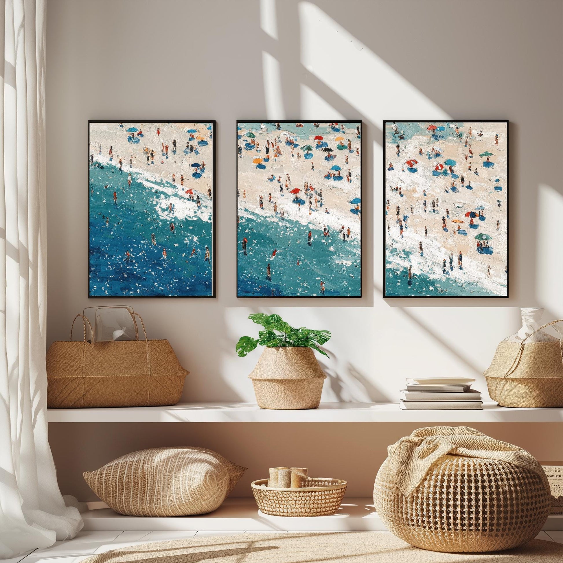Aerial View of Perranporth Beach Set of Three Posters - Populated Illustration of Ocean - 3 Art Prints Painting Sand Waves Hopton-on-Sea