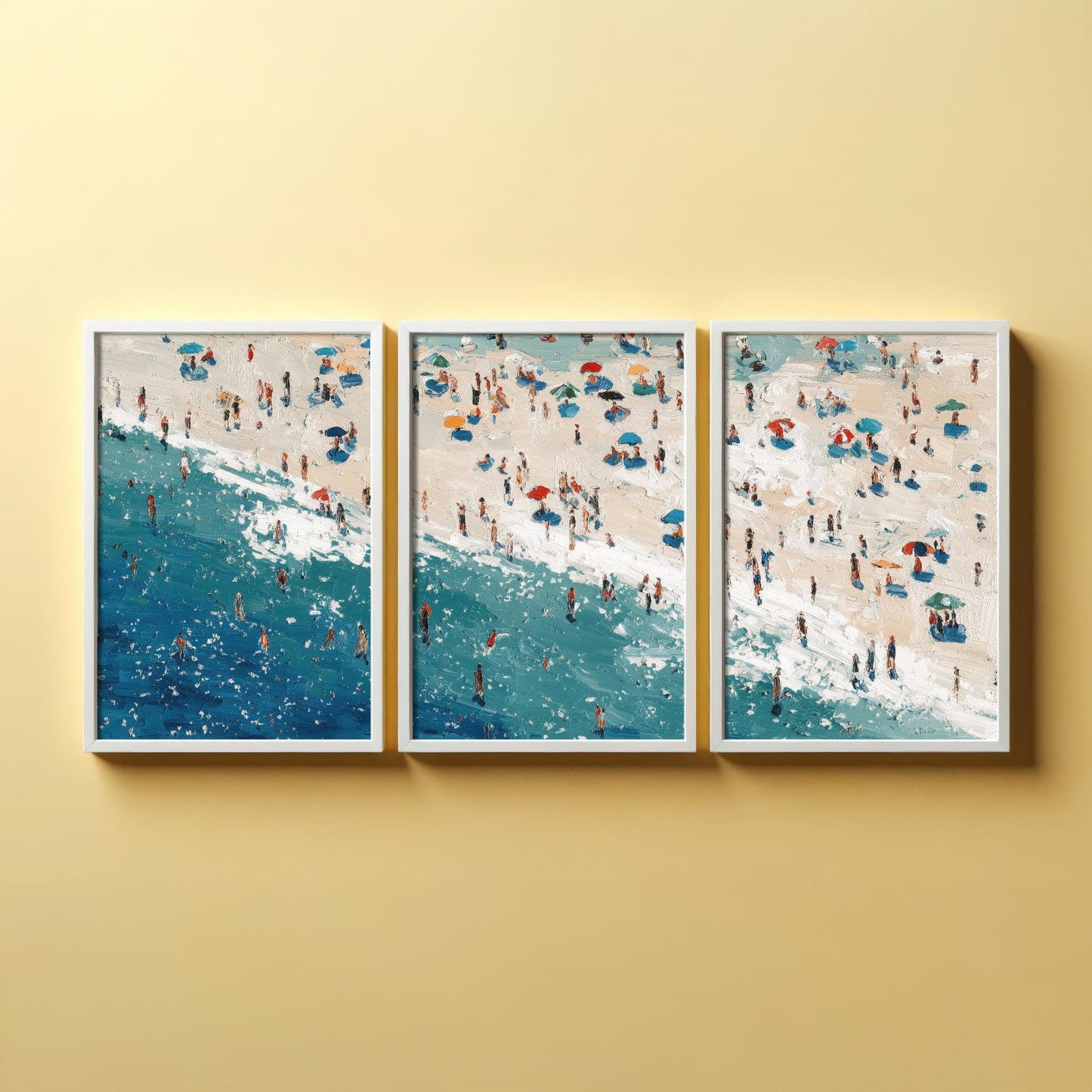 Aerial View of Perranporth Beach Set of Three Posters - Populated Illustration of Ocean - 3 Art Prints Painting Sand Waves Hopton-on-Sea