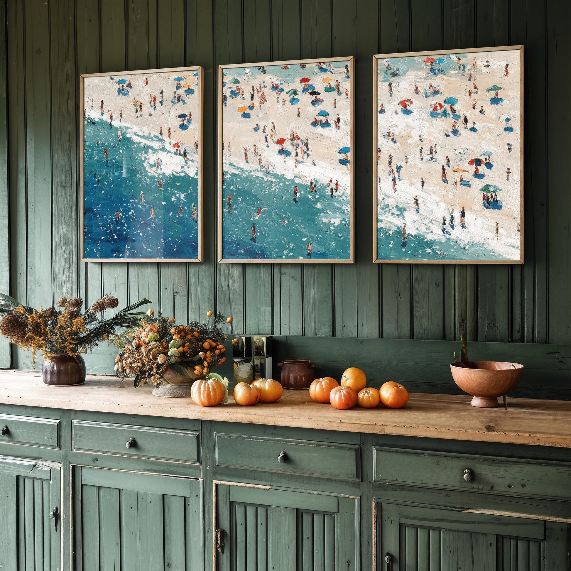 Aerial View of Perranporth Beach Set of Three Posters - Populated Illustration of Ocean - 3 Art Prints Painting Sand Waves Hopton-on-Sea