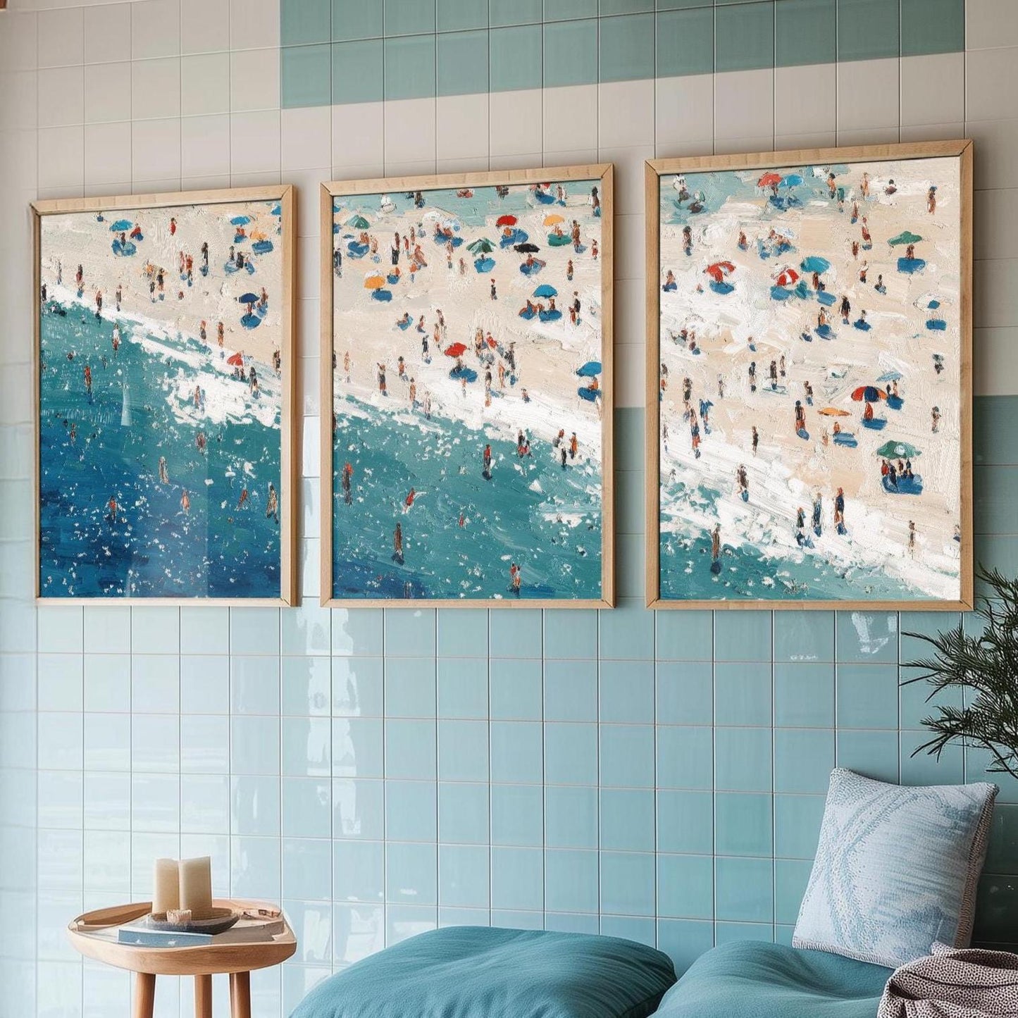 Aerial View of Perranporth Beach Set of Three Posters - Populated Illustration of Ocean - 3 Art Prints Painting Sand Waves Hopton-on-Sea
