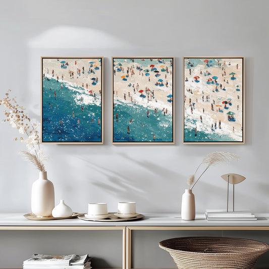Aerial View of Perranporth Beach Set of Three Posters - Populated Illustration of Ocean - 3 Art Prints Painting Sand Waves Hopton-on-Sea