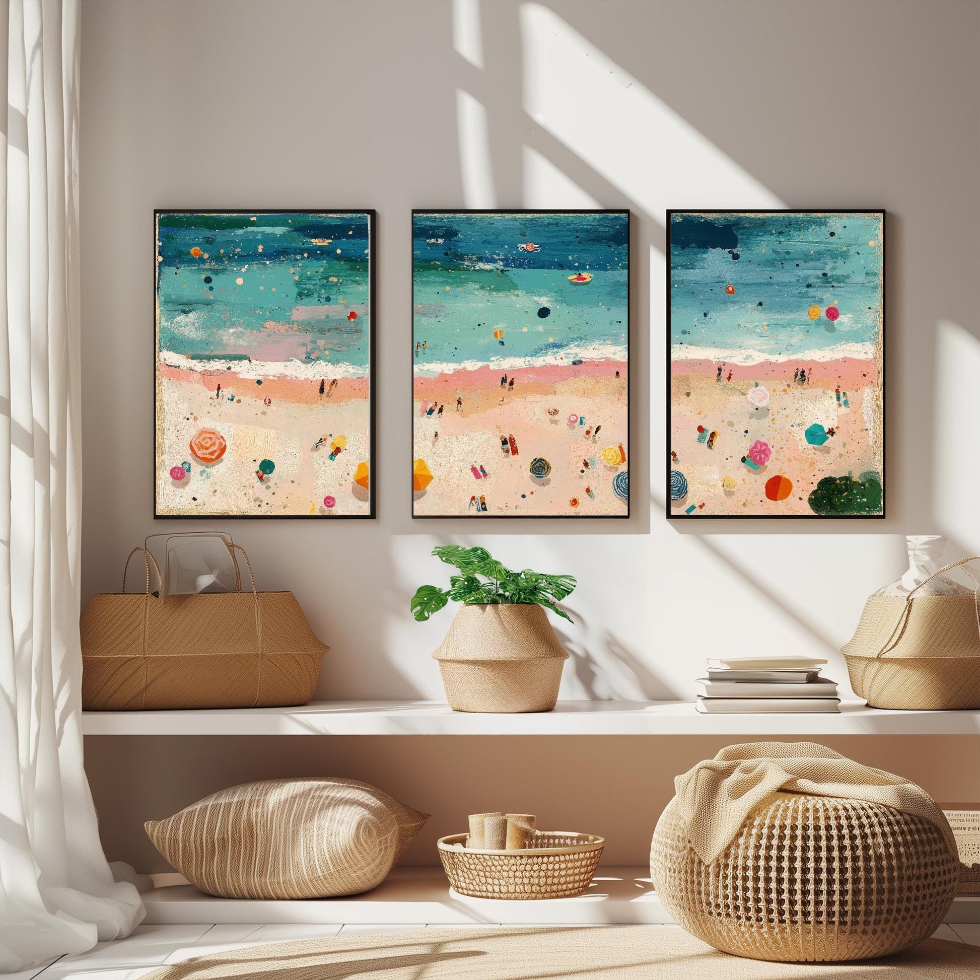 Aerial View of Weston-Super-Mare Beach Set of Three Posters - Populated Illustration of Ocean - 3 Art Prints Painting Sand Waves Mudflats