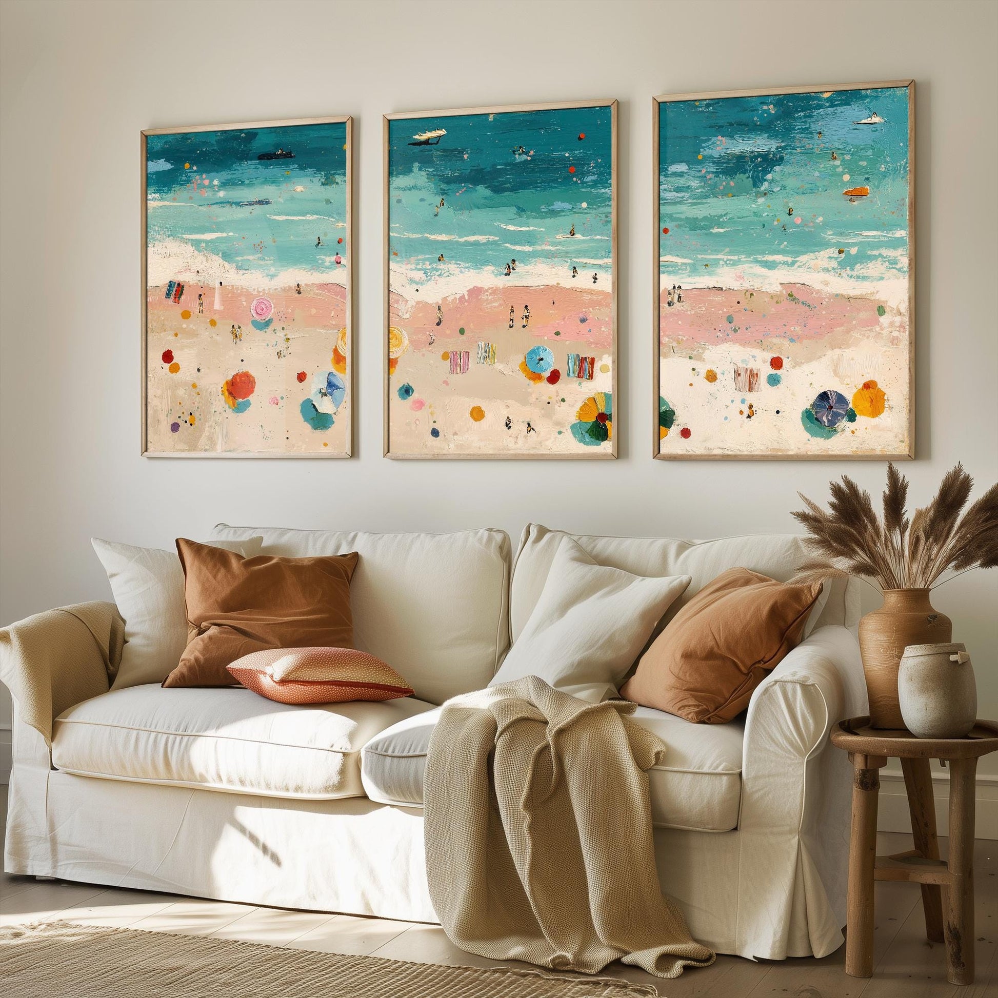 Aerial View of Blackpool Beach Set of Three Posters - Populated Illustration of Ocean - 3 Art Prints Painting Sand Waves South Shore