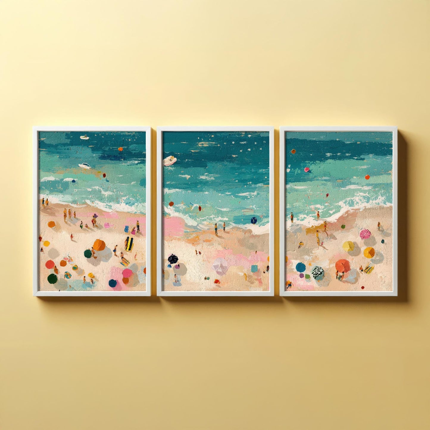 Aerial View of Tenby Beach Set of Three Posters - Populated Illustration of Ocean - 3 Art Prints Painting Sand Waves North, Castle, South