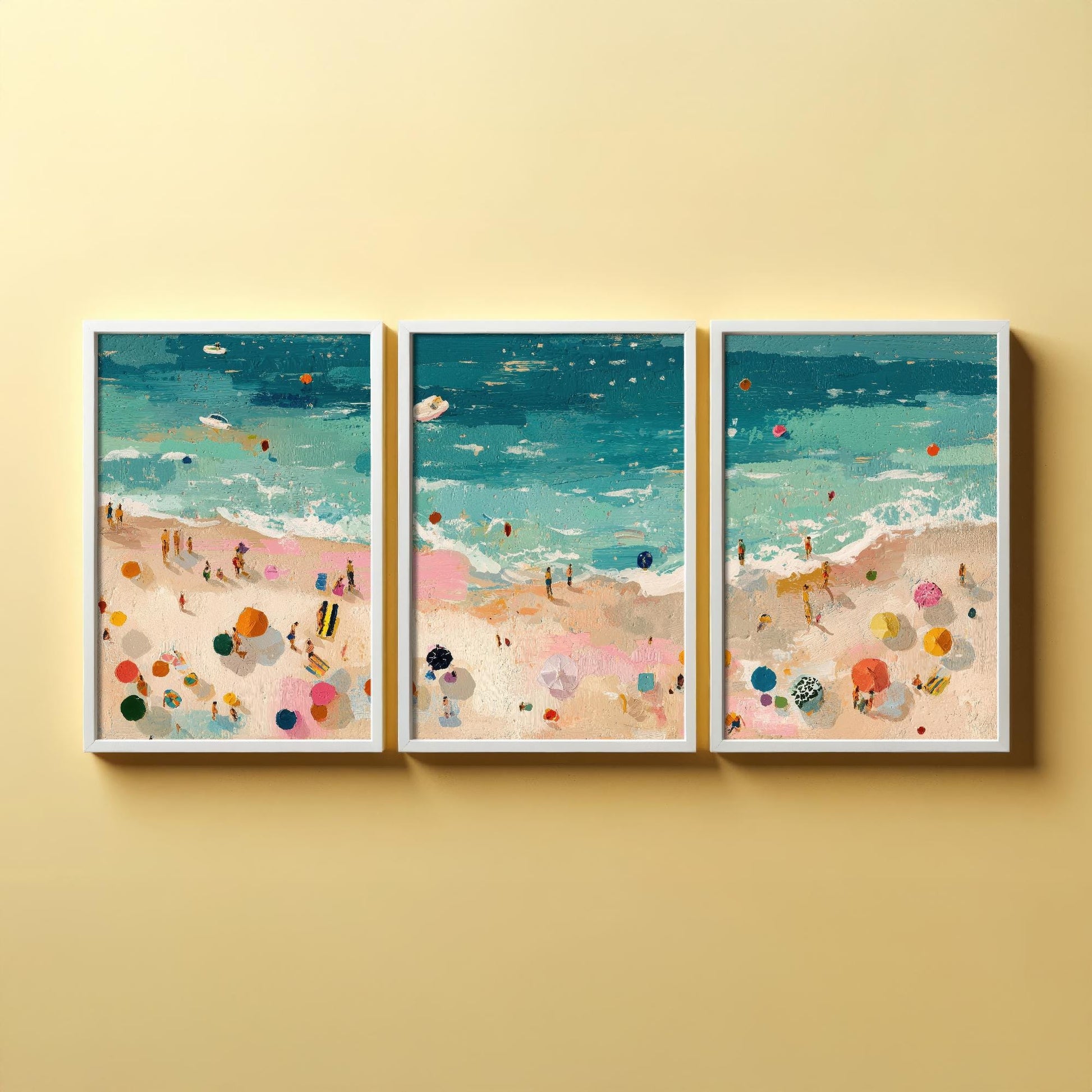 Aerial View of Tenby Beach Set of Three Posters - Populated Illustration of Ocean - 3 Art Prints Painting Sand Waves North, Castle, South