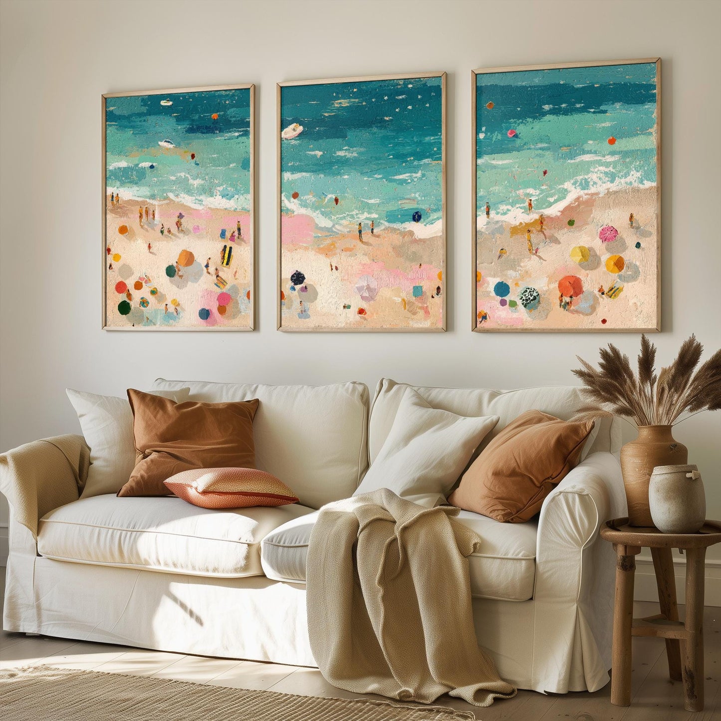 Aerial View of Tenby Beach Set of Three Posters - Populated Illustration of Ocean - 3 Art Prints Painting Sand Waves North, Castle, South