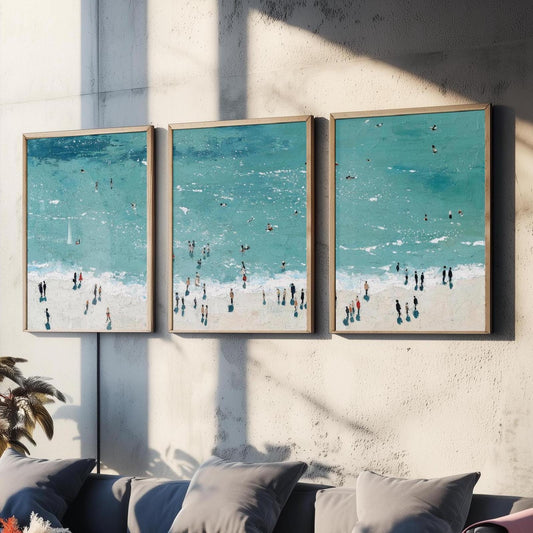 Aerial View of Rhossili Bay Beach Set of Three Posters - Populated Illustration of Ocean - 3 Art Prints Painting Sand Waves Gower Peninsula