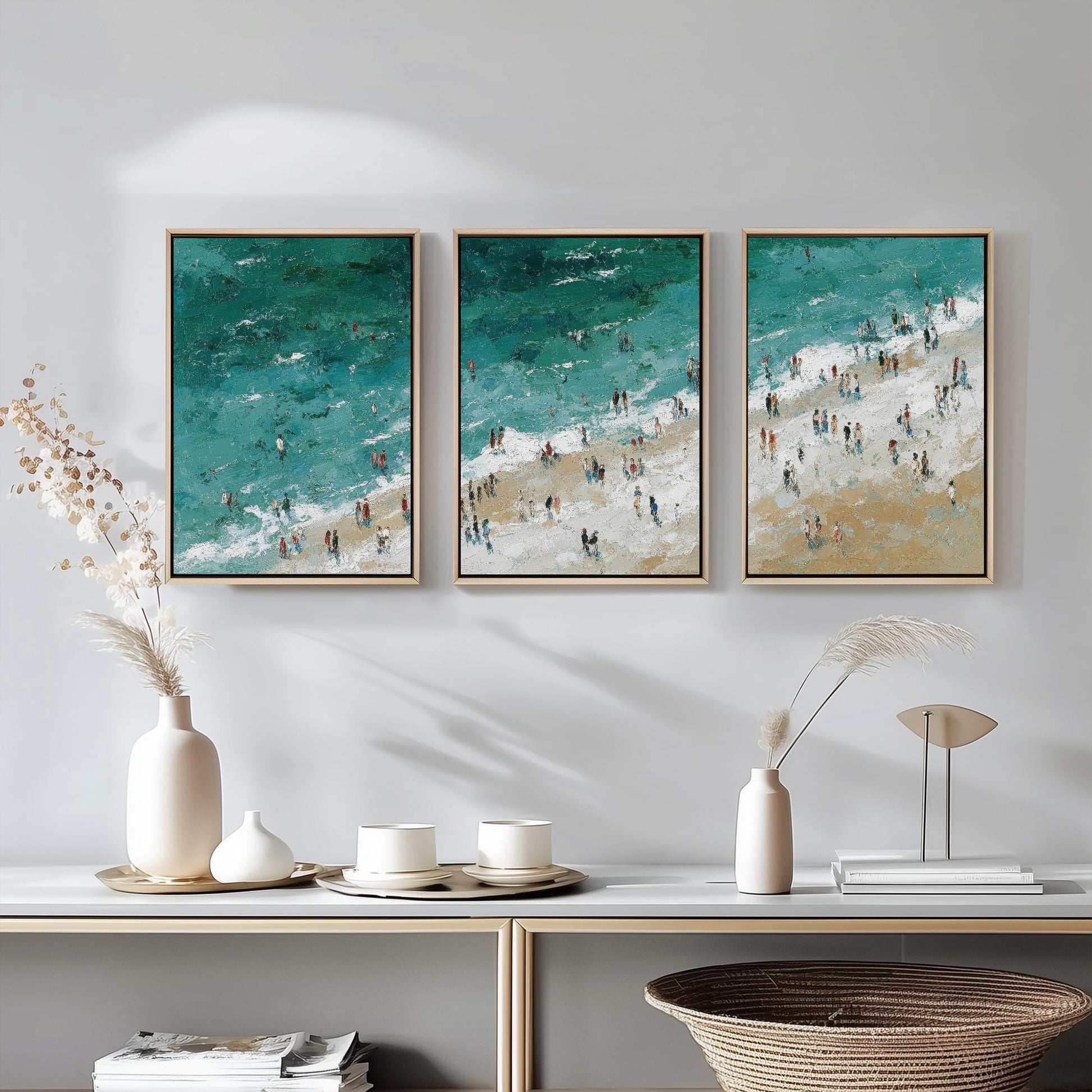 Aerial View of Woolacombe Beach Set of Three Posters - Populated Illustration of Ocean - 3 Art Prints Painting Sand Waves North Devon Coast