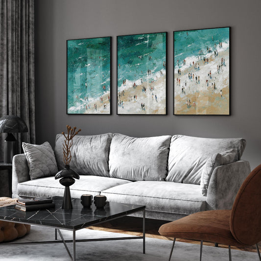 Aerial View of Woolacombe Beach Set of Three Posters - Populated Illustration of Ocean - 3 Art Prints Painting Sand Waves North Devon Coast