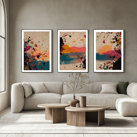 Beautiful Splash Landscape in Pink Orange and Blue - Set of Three Art Prints - 3 Poster Painting Ocean Mountain Impressionist Gift