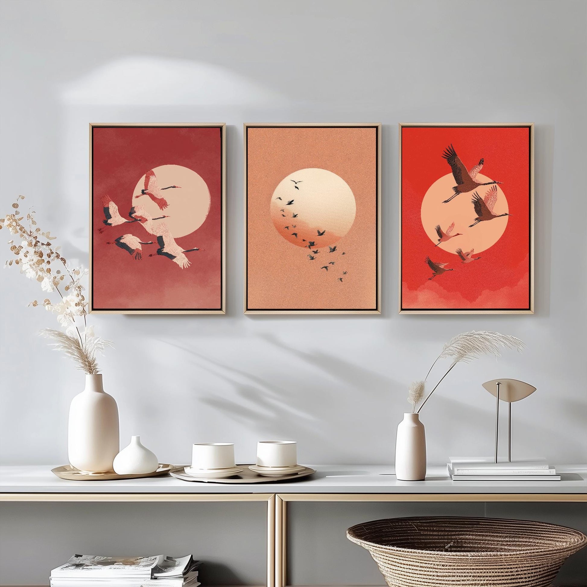 Birds in Sky with Large Moon Set of Three Art Prints - Red Tones - 3 Paintings - Subtle Japanese Style - Poster of Ukiyo-e Hokusai - Maroon
