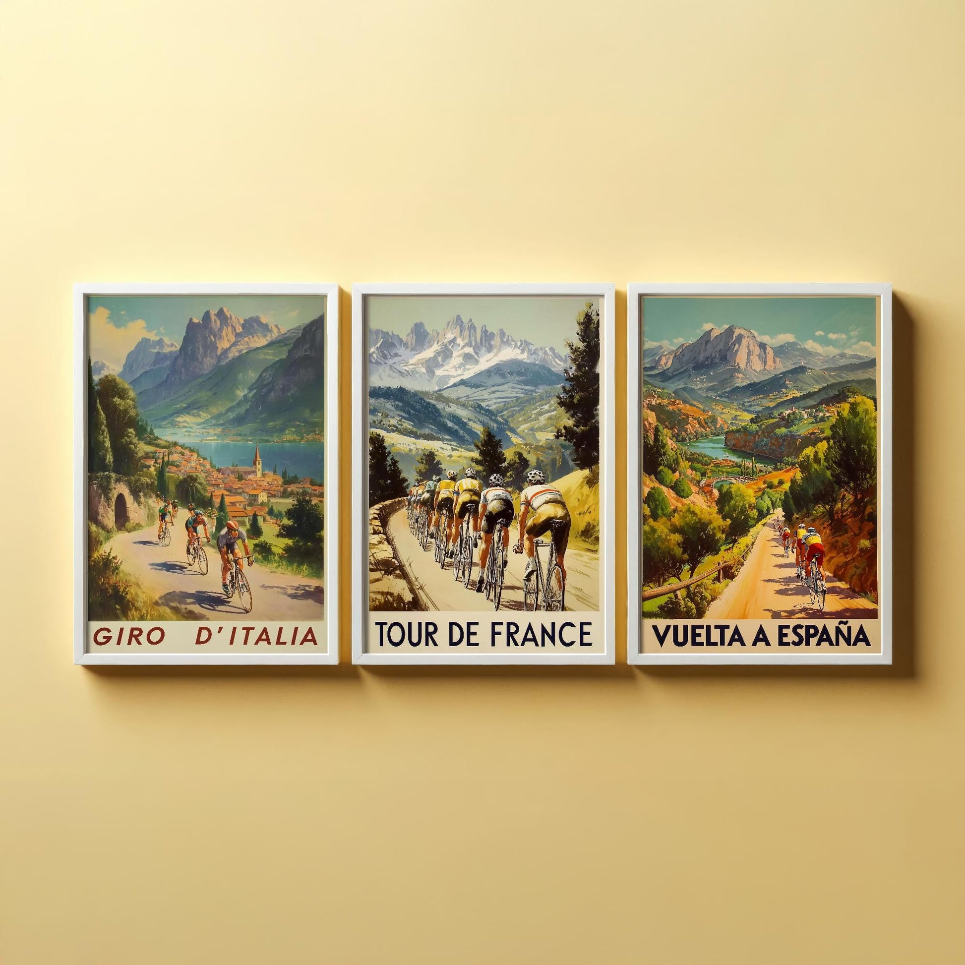 Vintage Cycling Posters - Giro D'Italia, Tour de France, Vuelta a Espana Art Prints - 3 Bicycle Painting Gift Grand Tour Road Set of Three