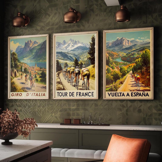 Vintage Cycling Posters - Giro D'Italia, Tour de France, Vuelta a Espana Art Prints - 3 Bicycle Painting Gift Grand Tour Road Set of Three