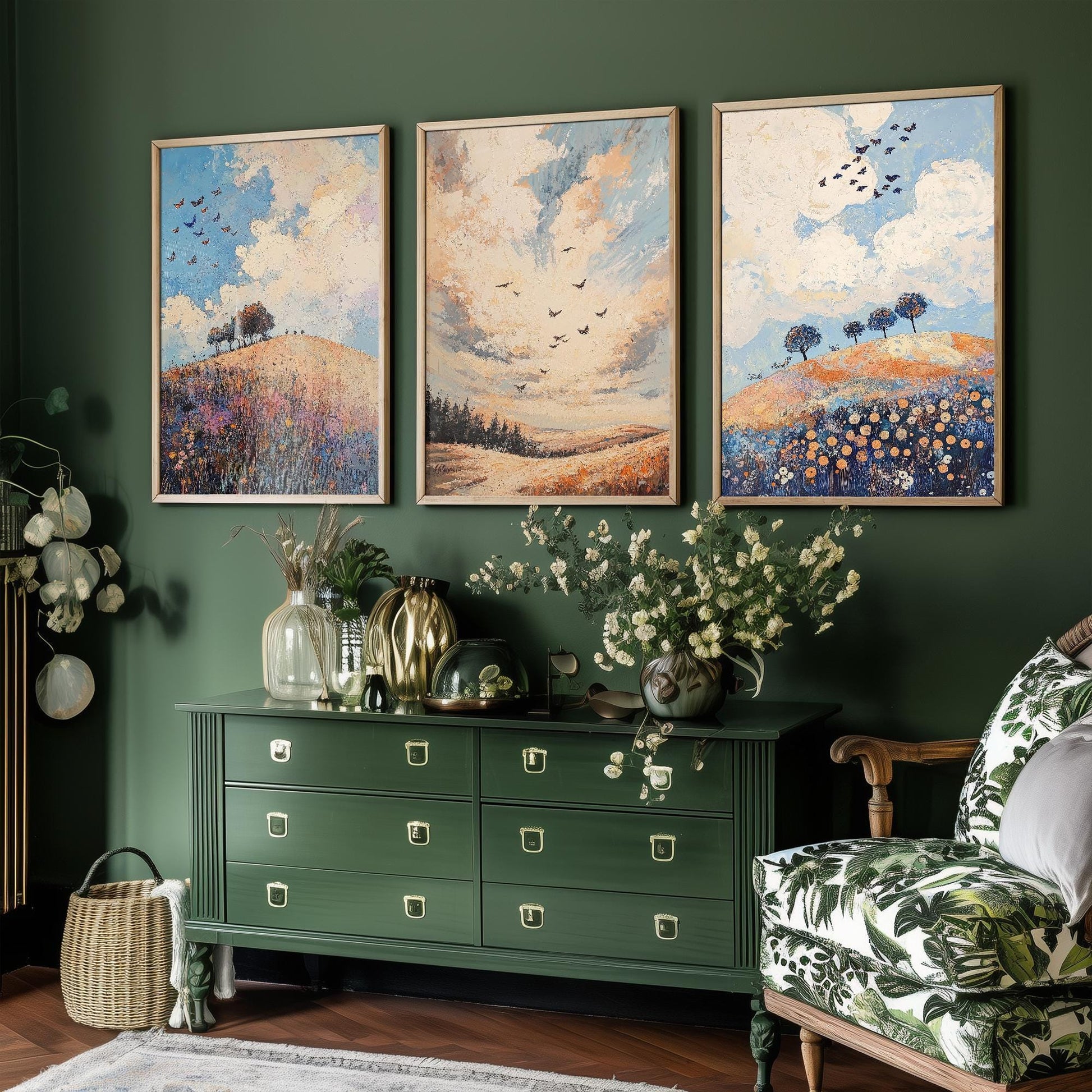 Rolling Butterfly Landscape Art Prints in Periwinkle, Copper and Ice - Set of Three Posters, Painting - Lincolnshire Wolds