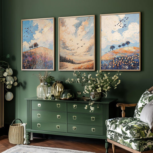 Rolling Butterfly Landscape Art Prints in Periwinkle, Copper and Ice - Set of Three Posters, Painting - Lincolnshire Wolds