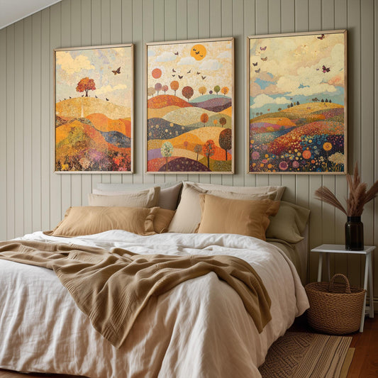 Rolling Butterfly Landscape Art Prints in Mulberry, Sand and Smoke - Set of Three Posters, Painting - Howgill Fells