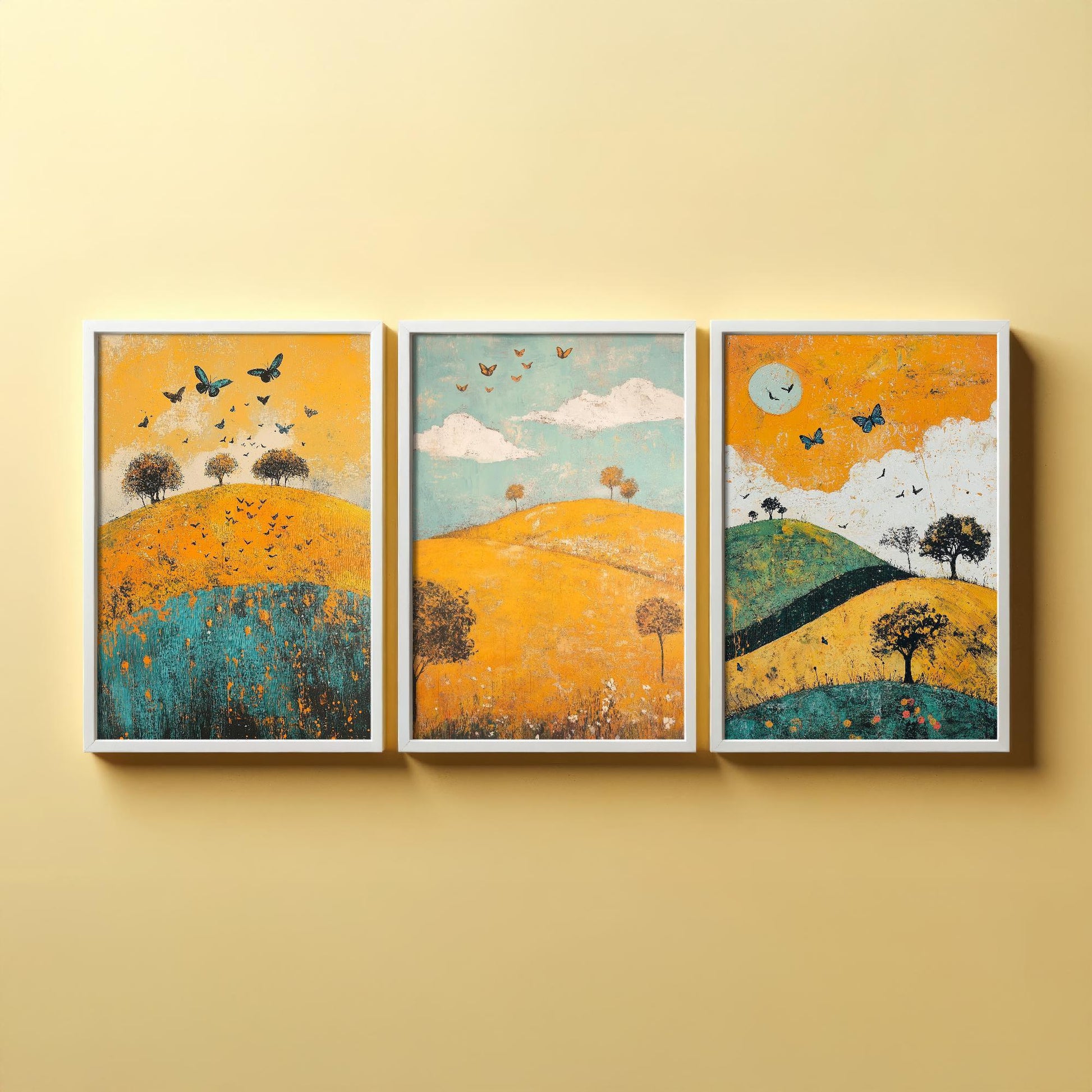 Rolling Butterfly Landscape Art Prints in Saffron, Teal and Charcoal - Set of Three Posters, Painting - The Trossachs