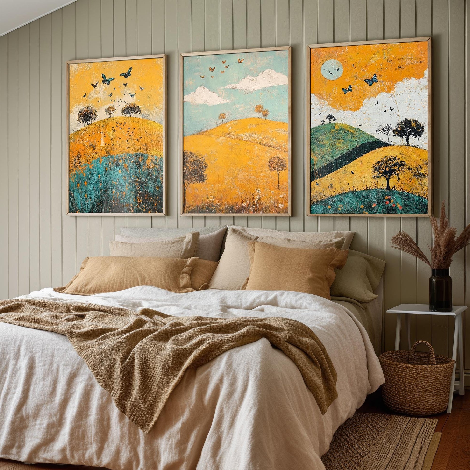 Rolling Butterfly Landscape Art Prints in Saffron, Teal and Charcoal - Set of Three Posters, Painting - The Trossachs
