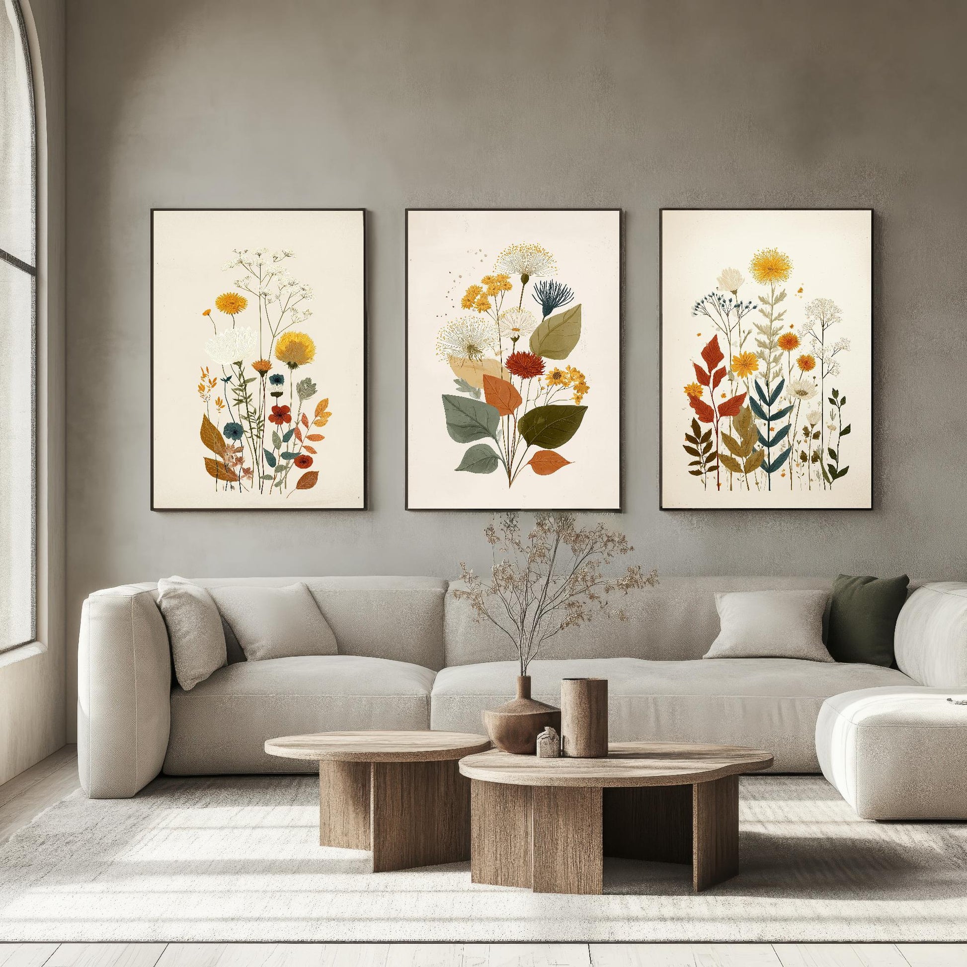 Set of Three Vintage Flower Prints V7 - Set of 3 Floral Plants - Paintings Photo Poster Wall Art Gift Museum Giclee Yellow Bouquet Botanical