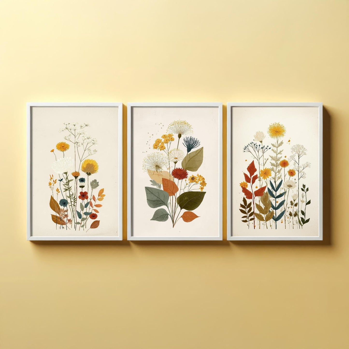Set of Three Vintage Flower Prints V7 - Set of 3 Floral Plants - Paintings Photo Poster Wall Art Gift Museum Giclee Yellow Bouquet Botanical