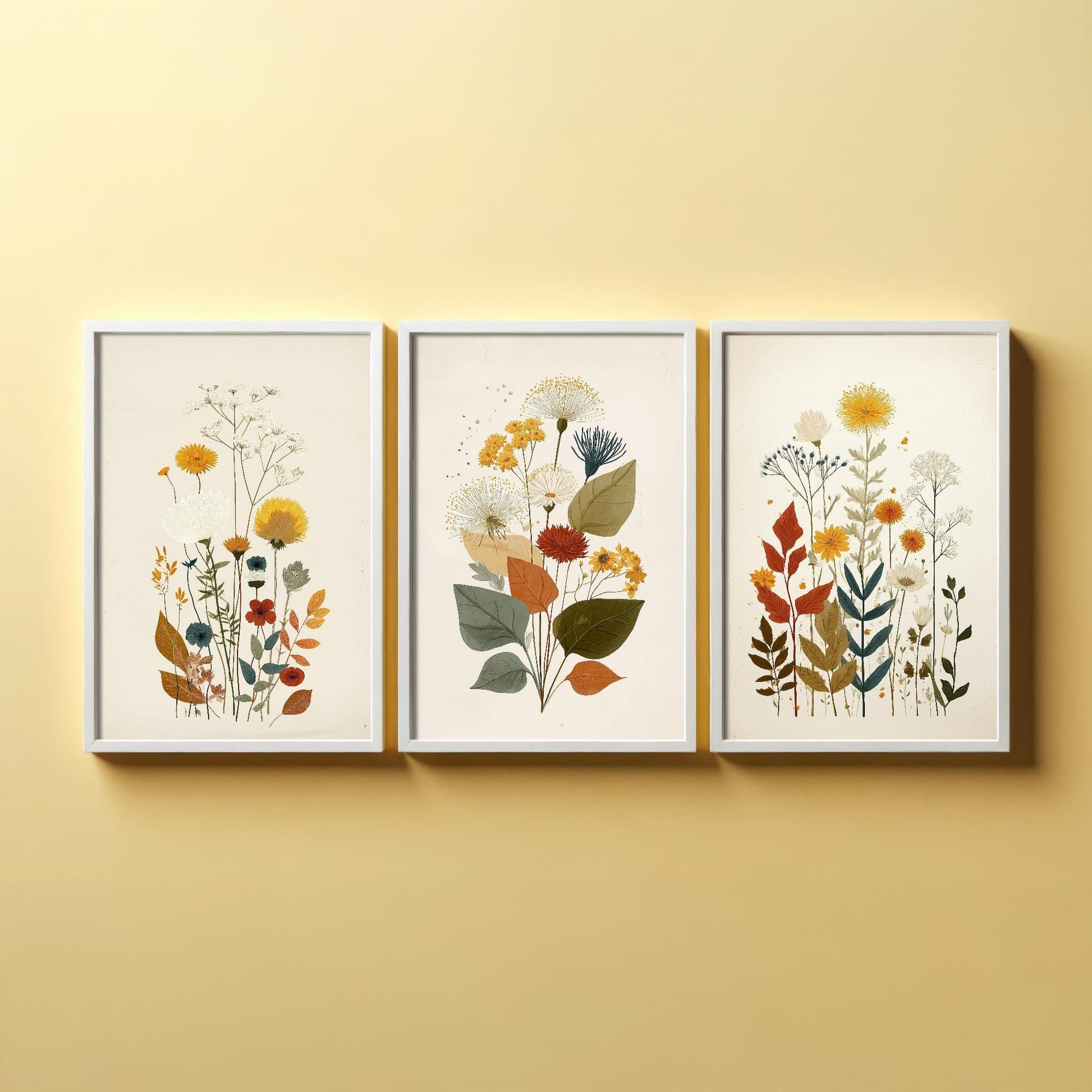 Set of Three Vintage Flower Prints V7 - Set of 3 Floral Plants - Paintings Photo Poster Wall Art Gift Museum Giclee Yellow Bouquet Botanical