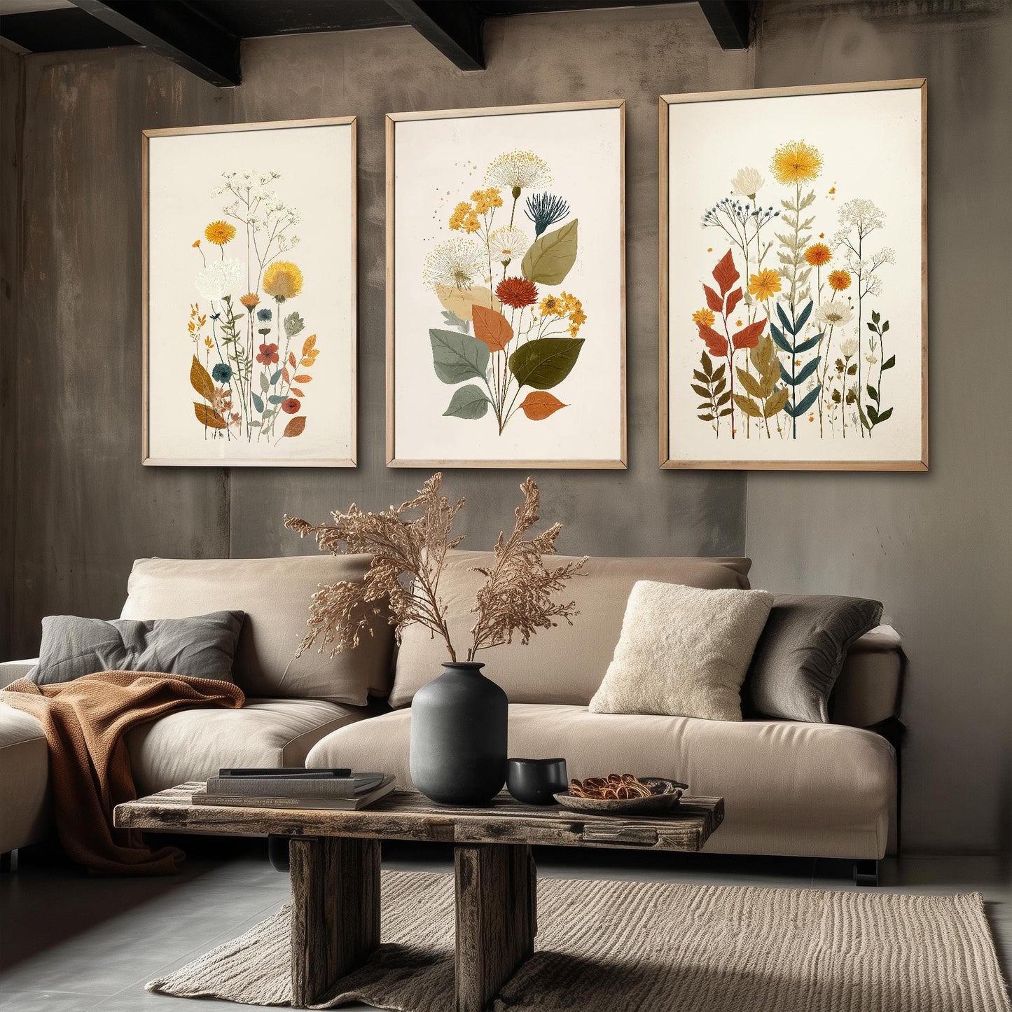 Set of Three Vintage Flower Prints V7 - Set of 3 Floral Plants - Paintings Photo Poster Wall Art Gift Museum Giclee Yellow Bouquet Botanical
