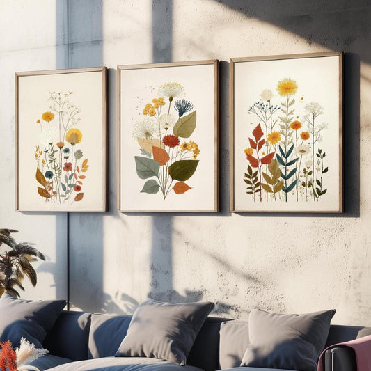 Set of Three Vintage Flower Prints V7 - Set of 3 Floral Plants - Paintings Photo Poster Wall Art Gift Museum Giclee Yellow Bouquet Botanical