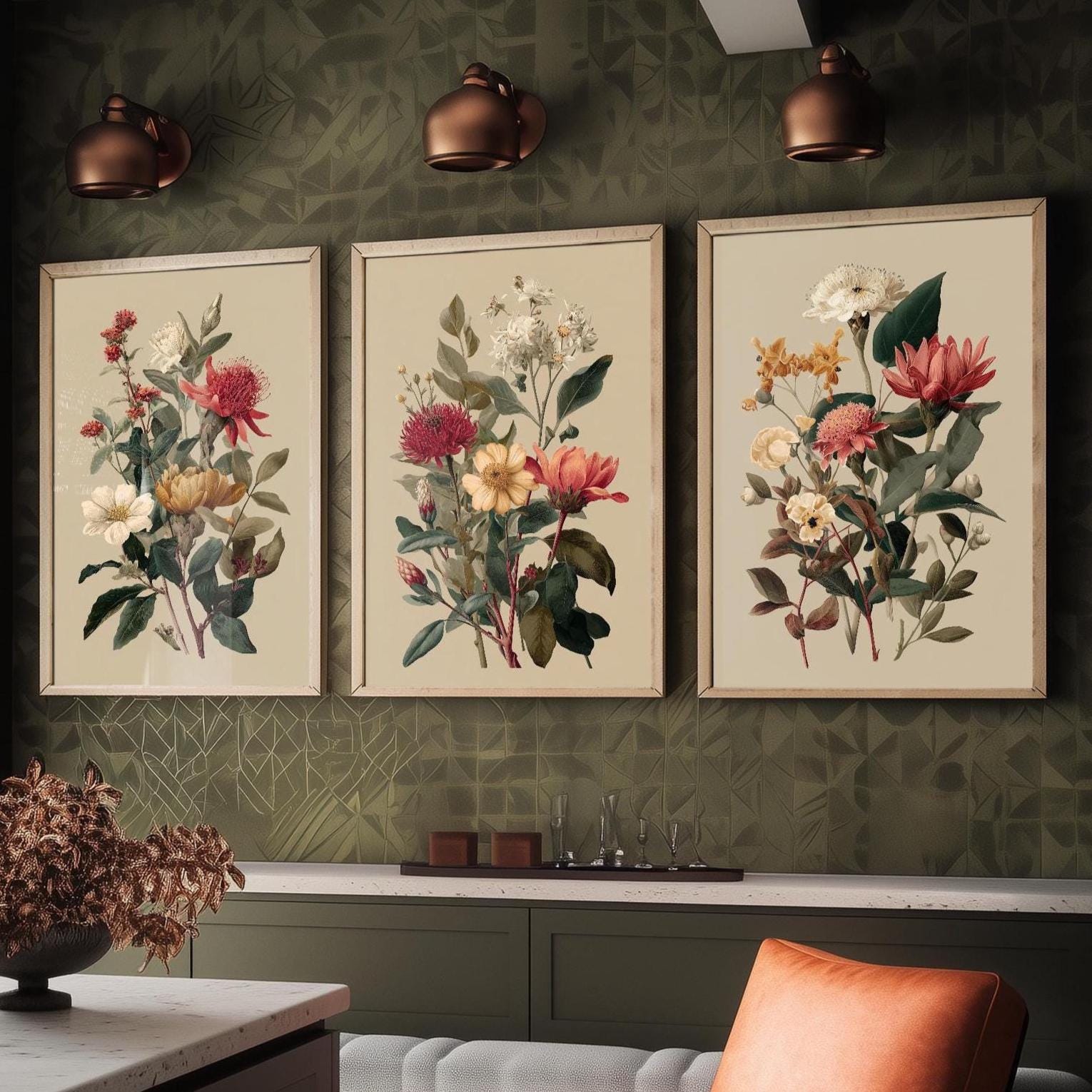 Set of Three Vintage Flower Prints V12 - Set of 3 Floral Plants - Paintings Photo Poster Wall Art Gift Museum Giclee Detailed Oil Botanical