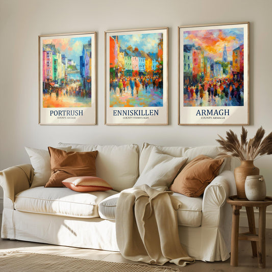 Northern Ireland Gems After Matisse Paintings - Set of Three Vibrant Art Prints - 3 Posters of Portrush, Enniskillen, Armagh