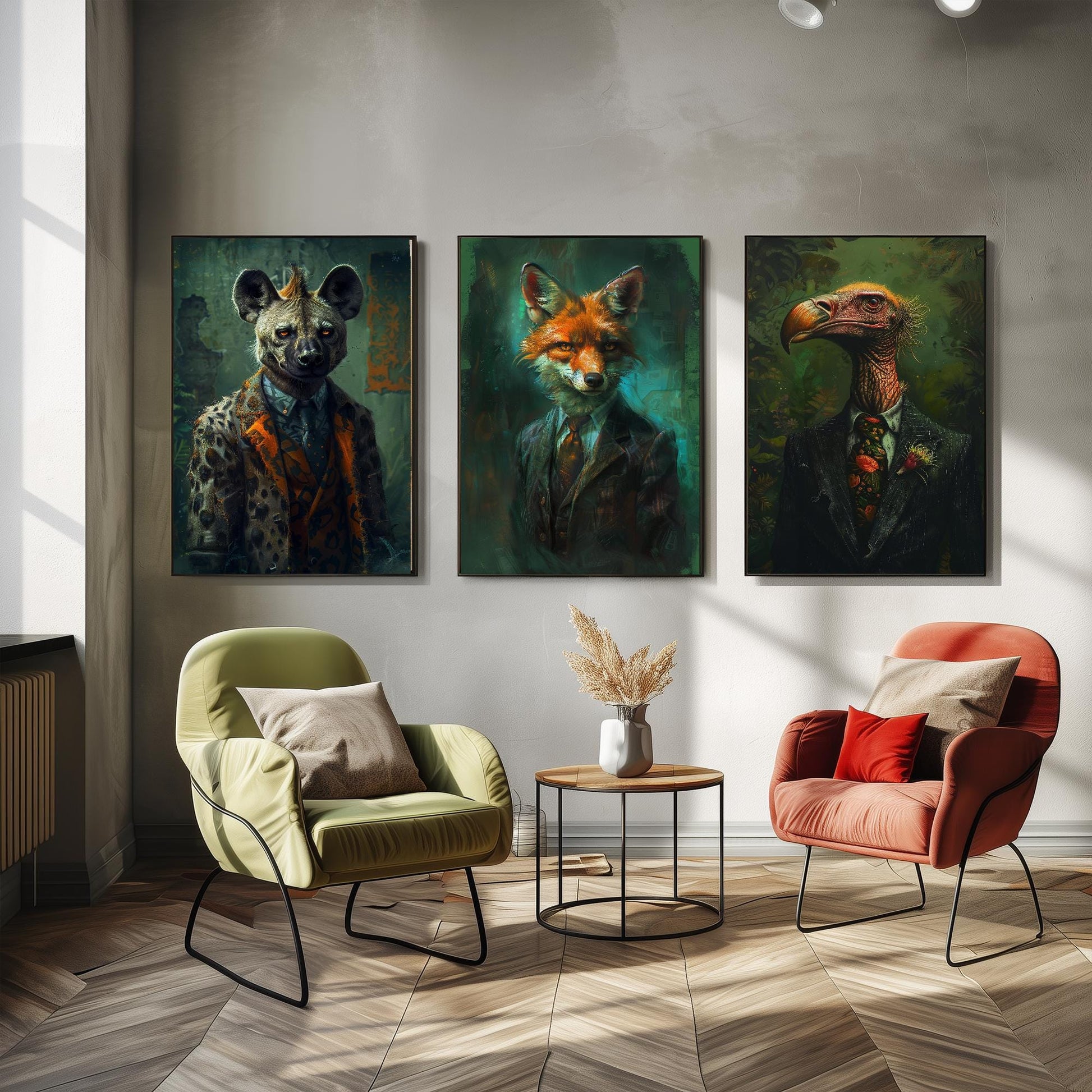 Set of Three Scavenger Animals Wearing Suits Posters - 3 Hyena, Jackal, Vulture Art Prints - Photo Painting Wall Meat Eater Carnivores