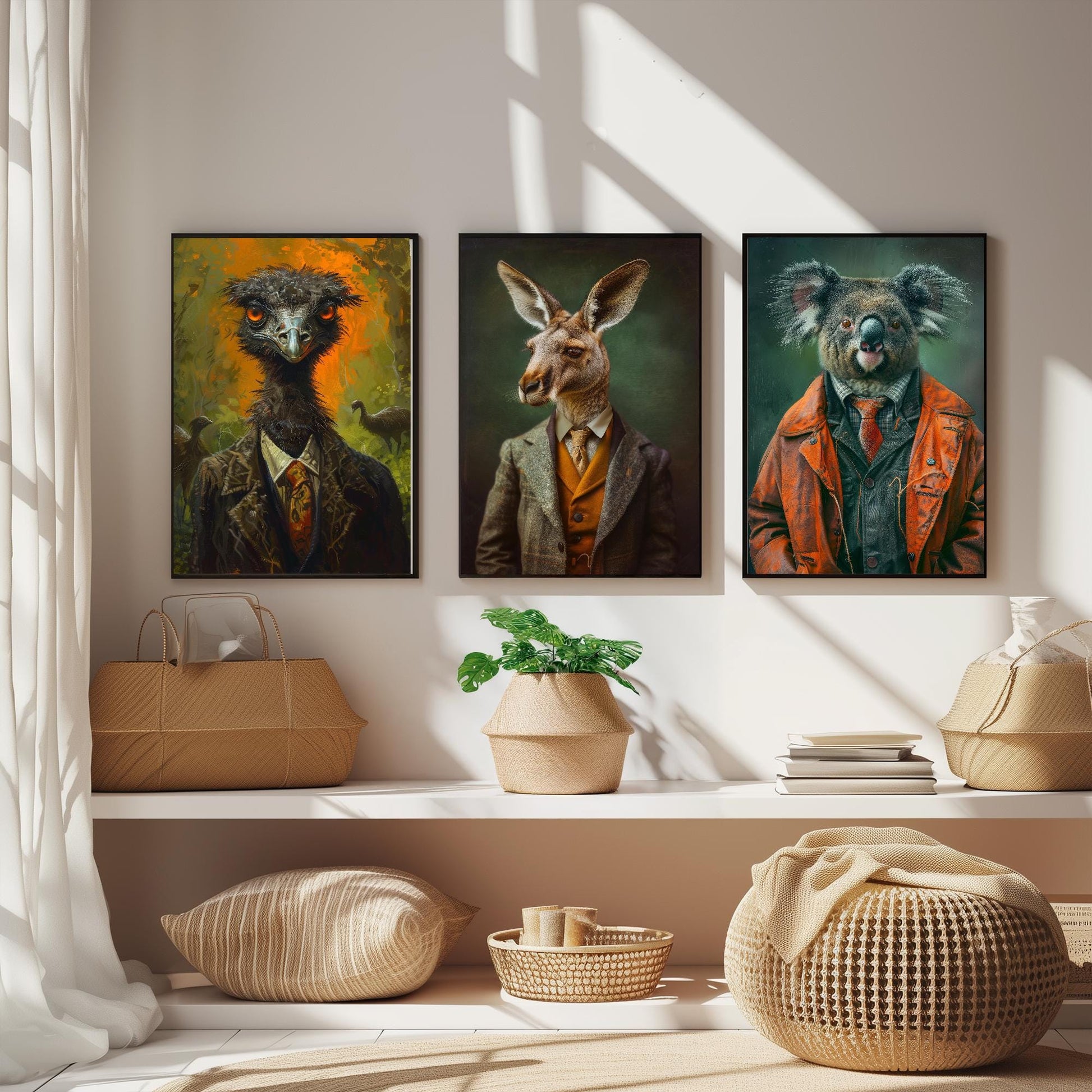 Set of Three Iconic Australian Animals Wearing Suits Posters - 3 Emu, Kangaroo, Koala Art Prints - Photo Painting Wall Oz Outback