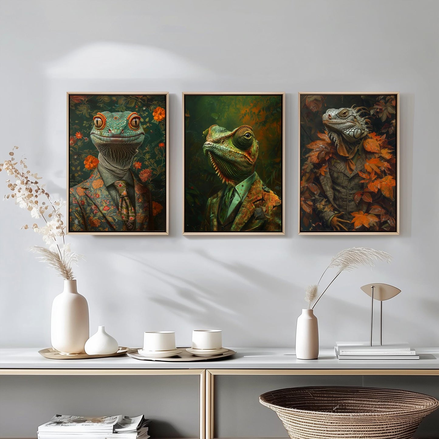 Set of Three Colour Changing Reptiles Wearing Suits Posters - 3 Chameleon, Gecko, Iguana Art Prints - Photo Painting Wall Jungle Animal