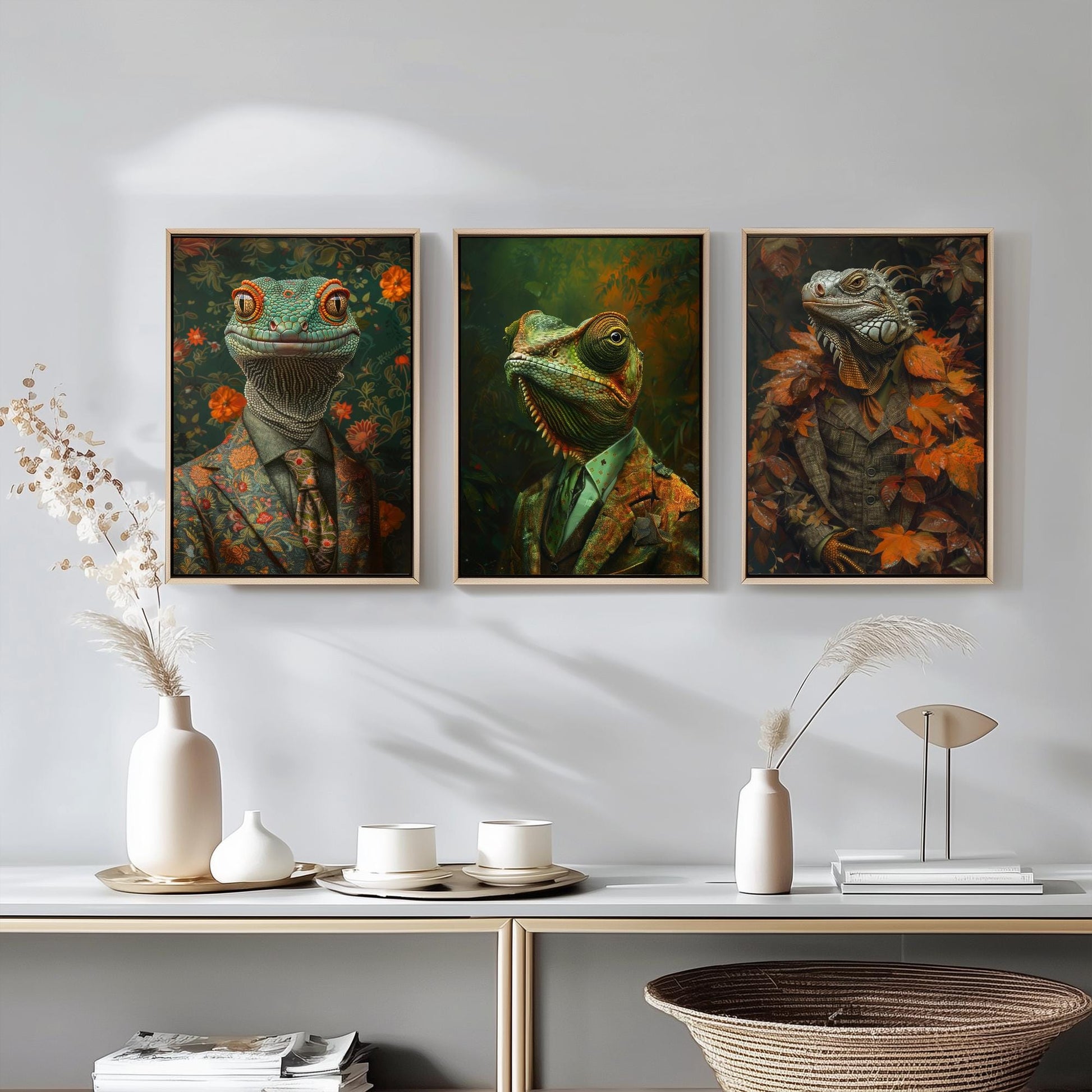 Set of Three Colour Changing Reptiles Wearing Suits Posters - 3 Chameleon, Gecko, Iguana Art Prints - Photo Painting Wall Jungle Animal