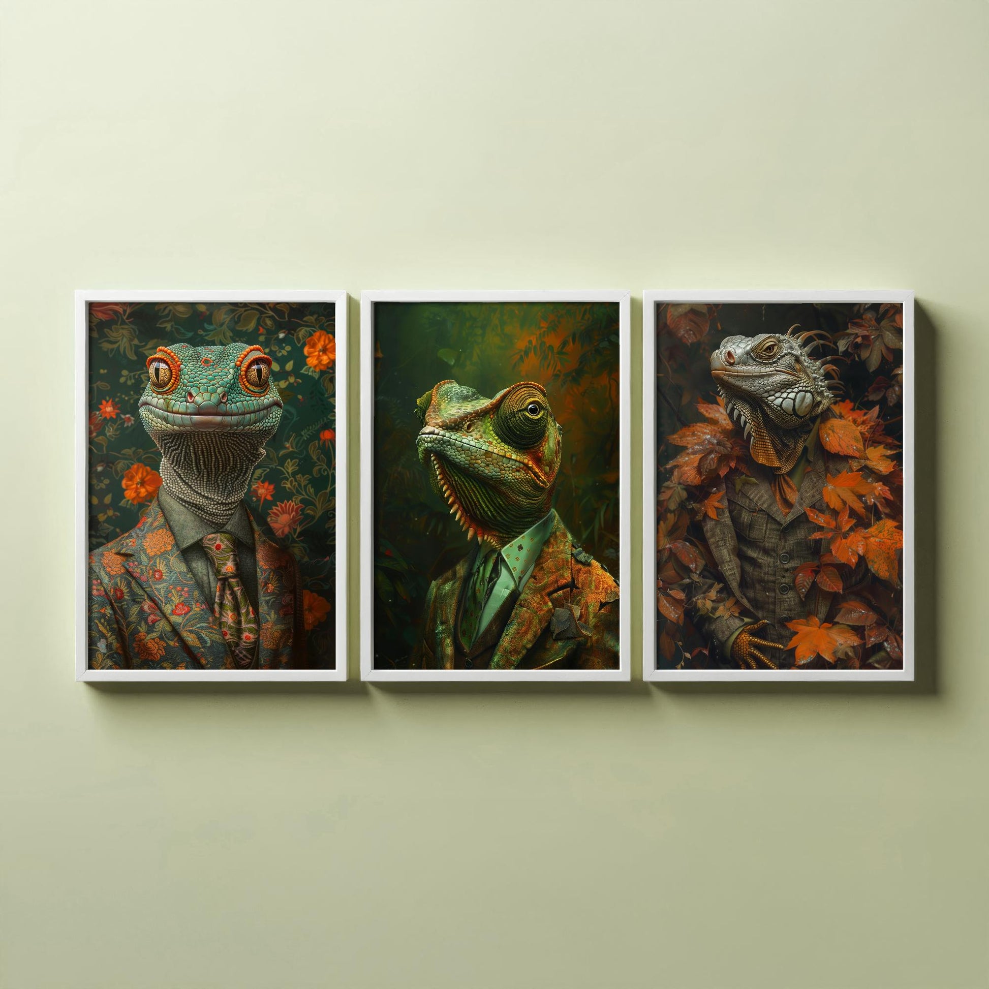Set of Three Colour Changing Reptiles Wearing Suits Posters - 3 Chameleon, Gecko, Iguana Art Prints - Photo Painting Wall Jungle Animal