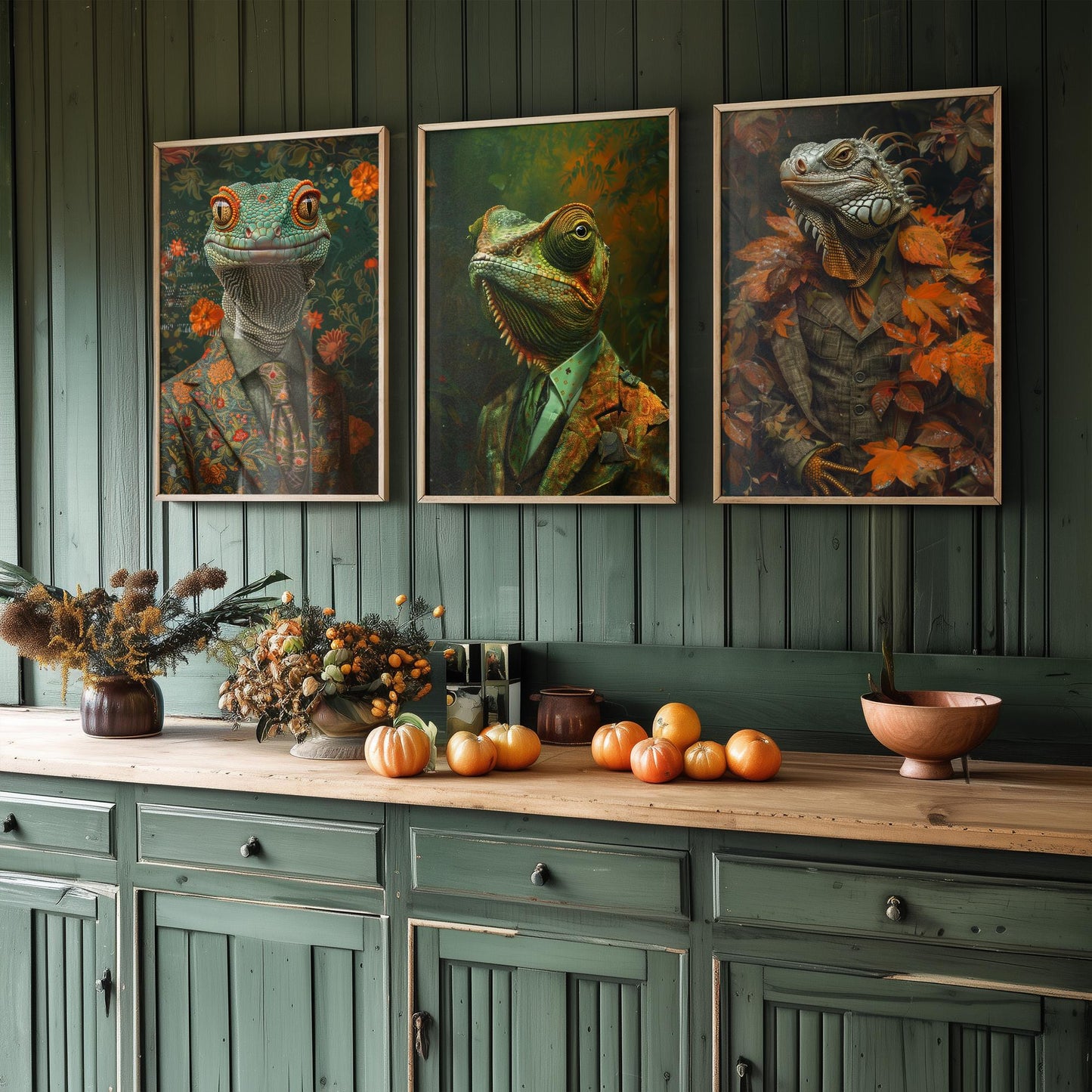 Set of Three Colour Changing Reptiles Wearing Suits Posters - 3 Chameleon, Gecko, Iguana Art Prints - Photo Painting Wall Jungle Animal