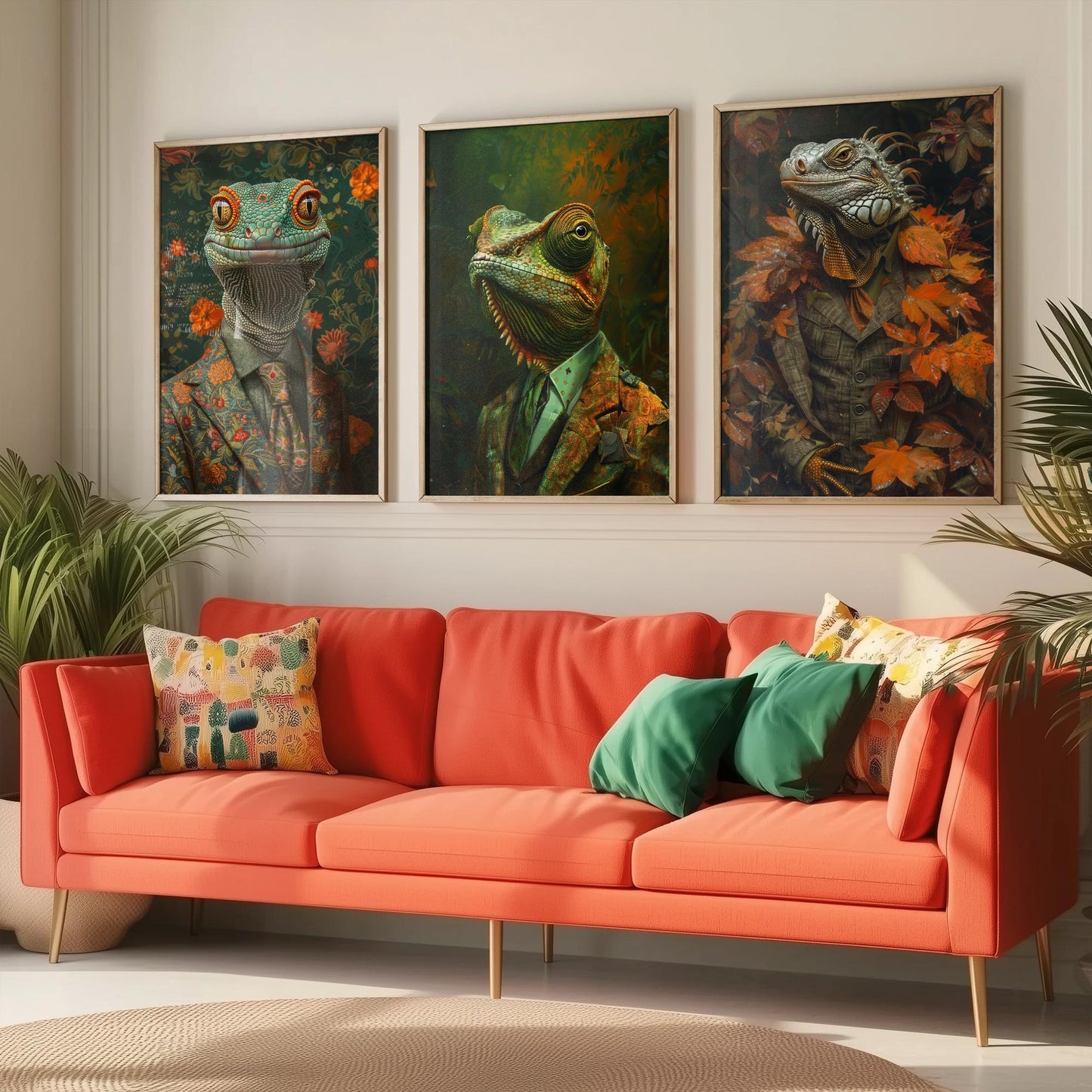 Set of Three Colour Changing Reptiles Wearing Suits Posters - 3 Chameleon, Gecko, Iguana Art Prints - Photo Painting Wall Jungle Animal