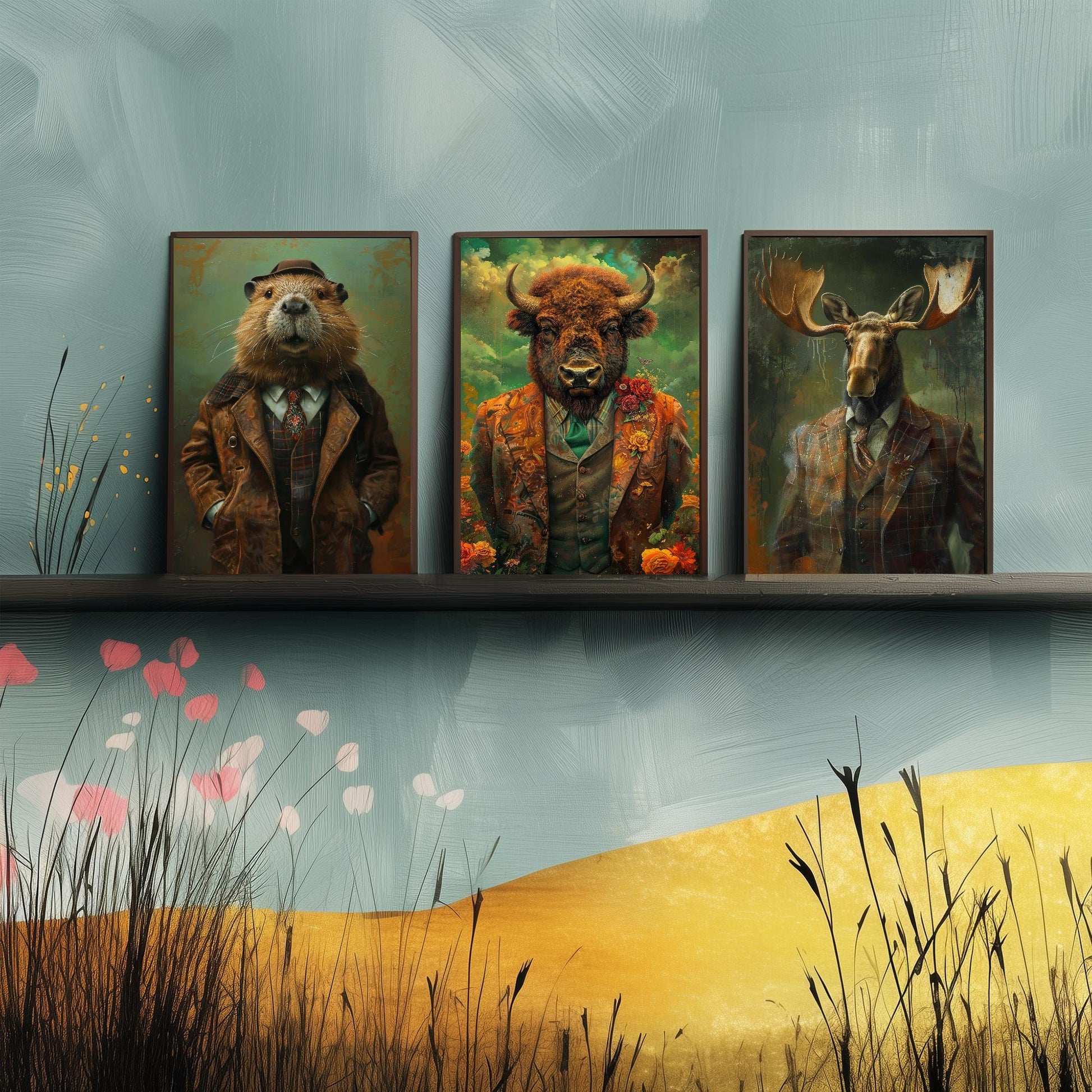 Set of Three North American Wilderness Animals Wearing Suits Posters - 3 Beaver, Bison, Moose Art Prints - Photo Painting Wall Dam Antlers