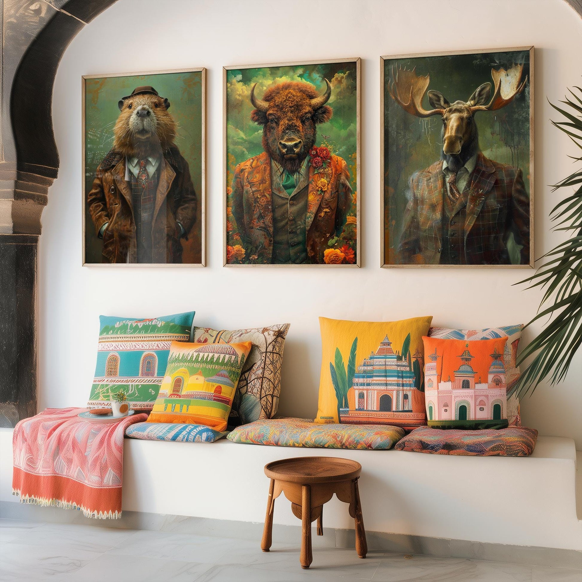 Set of Three North American Wilderness Animals Wearing Suits Posters - 3 Beaver, Bison, Moose Art Prints - Photo Painting Wall Dam Antlers