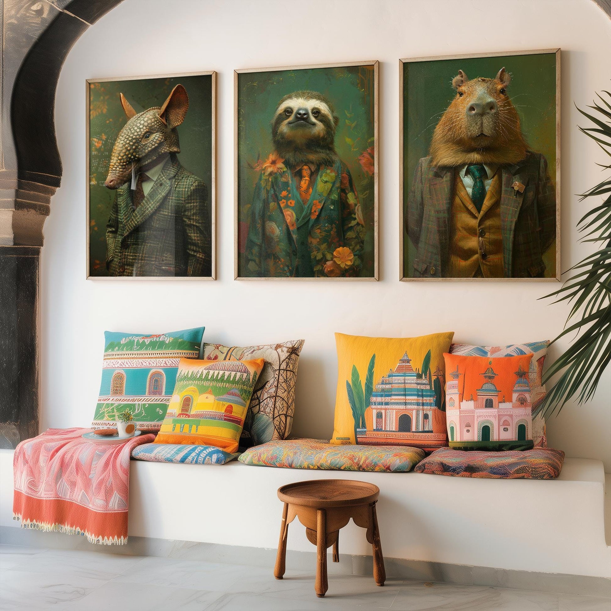 Set of Three Mellow South American Animals Wearing Suits Posters - 3 Armadillo, Sloth, Capybara Art Prints - Photo Painting Wall Flow Cute