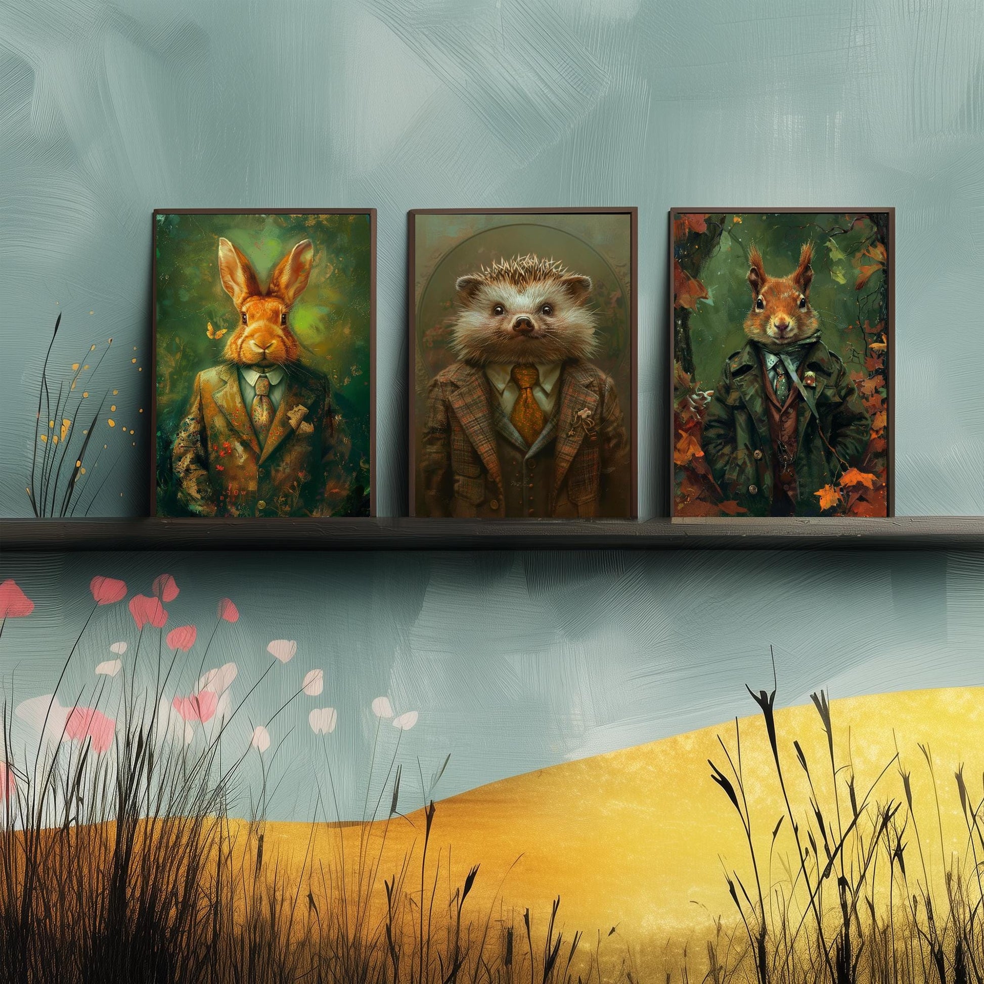 Set of Three Woodland Charmers Animals Wearing Suits Posters - 3 Rabbit, Hedgehog, Squirrel Art Prints - Photo Painting Wall Cosy Appeal