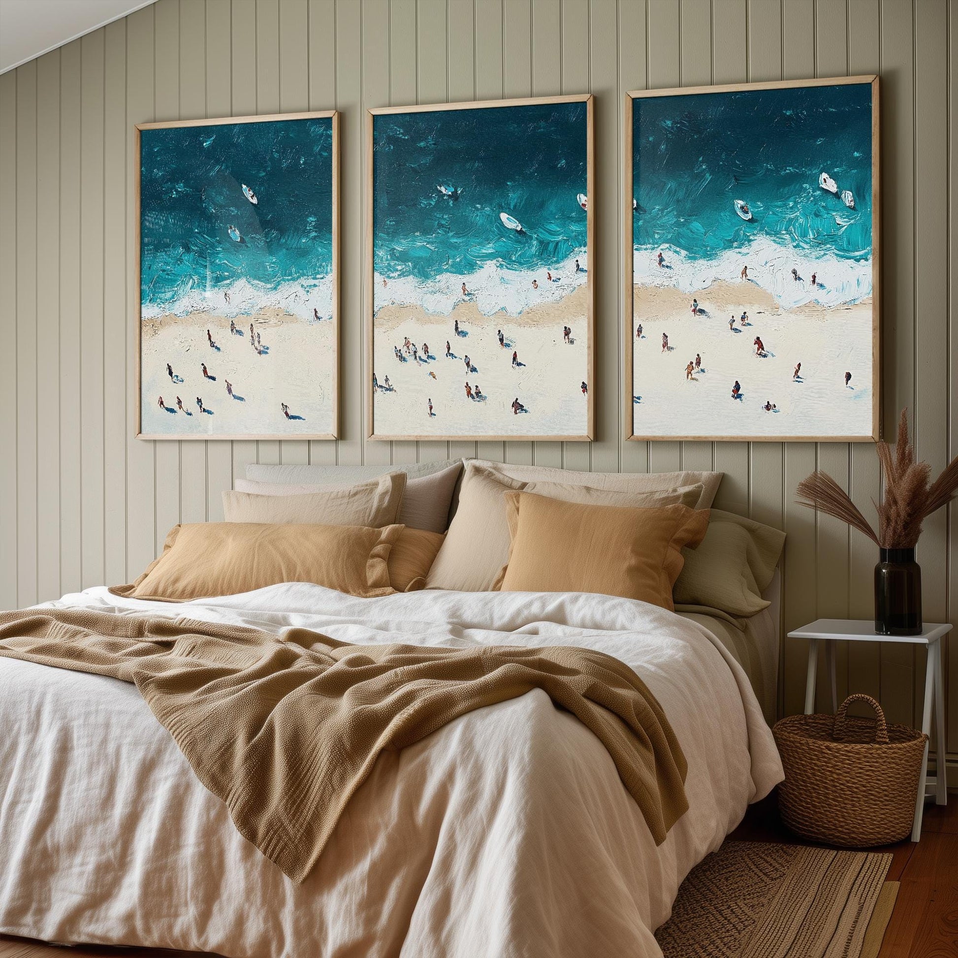 Aerial View of Portobello Beach Set of Three Posters - Populated Illustration of Ocean - 3 Art Prints Painting Sand Waves Edinburgh Scotland