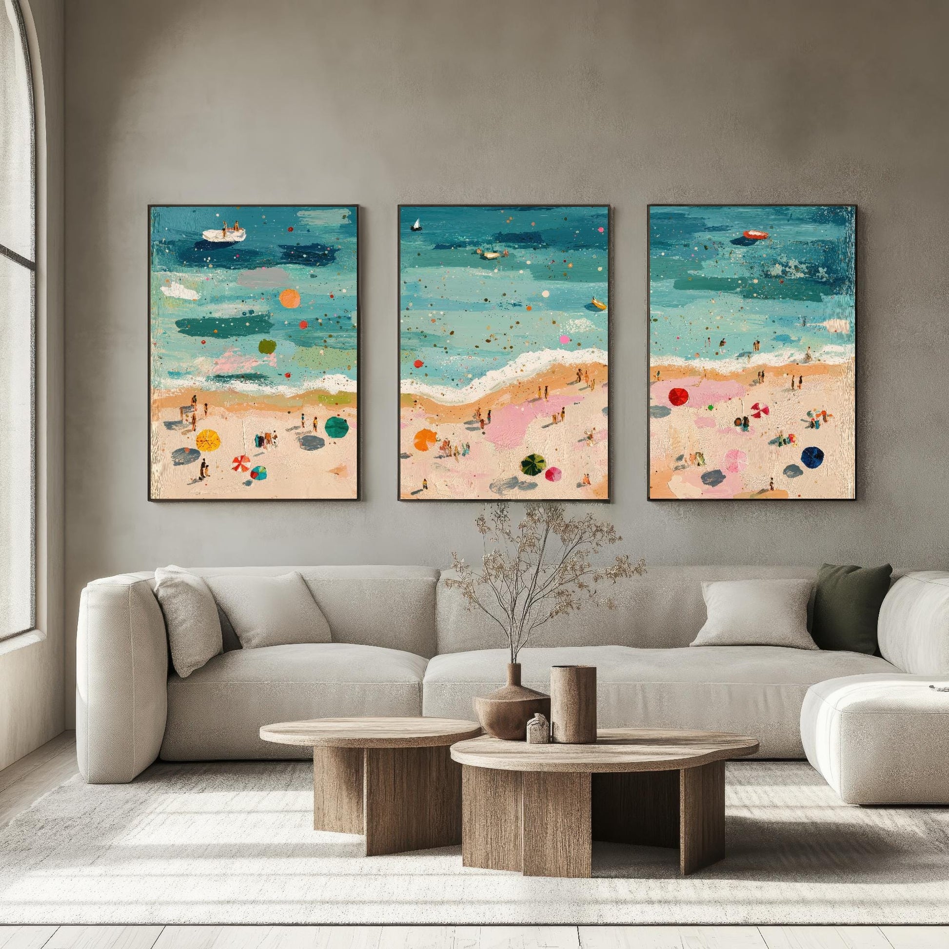 Aerial View of Great Yarmouth Beach Set of Three Posters - Populated Illustration of Ocean - 3 Art Prints Painting Sand Waves Hopton-on-Sea