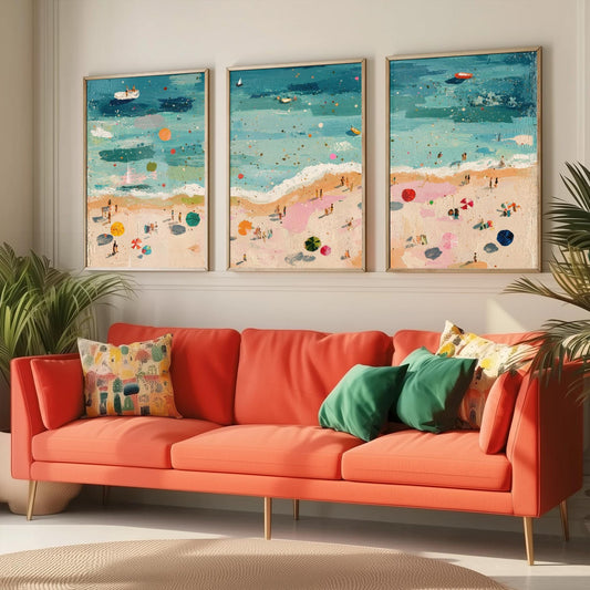 Aerial View of Great Yarmouth Beach Set of Three Posters - Populated Illustration of Ocean - 3 Art Prints Painting Sand Waves Hopton-on-Sea