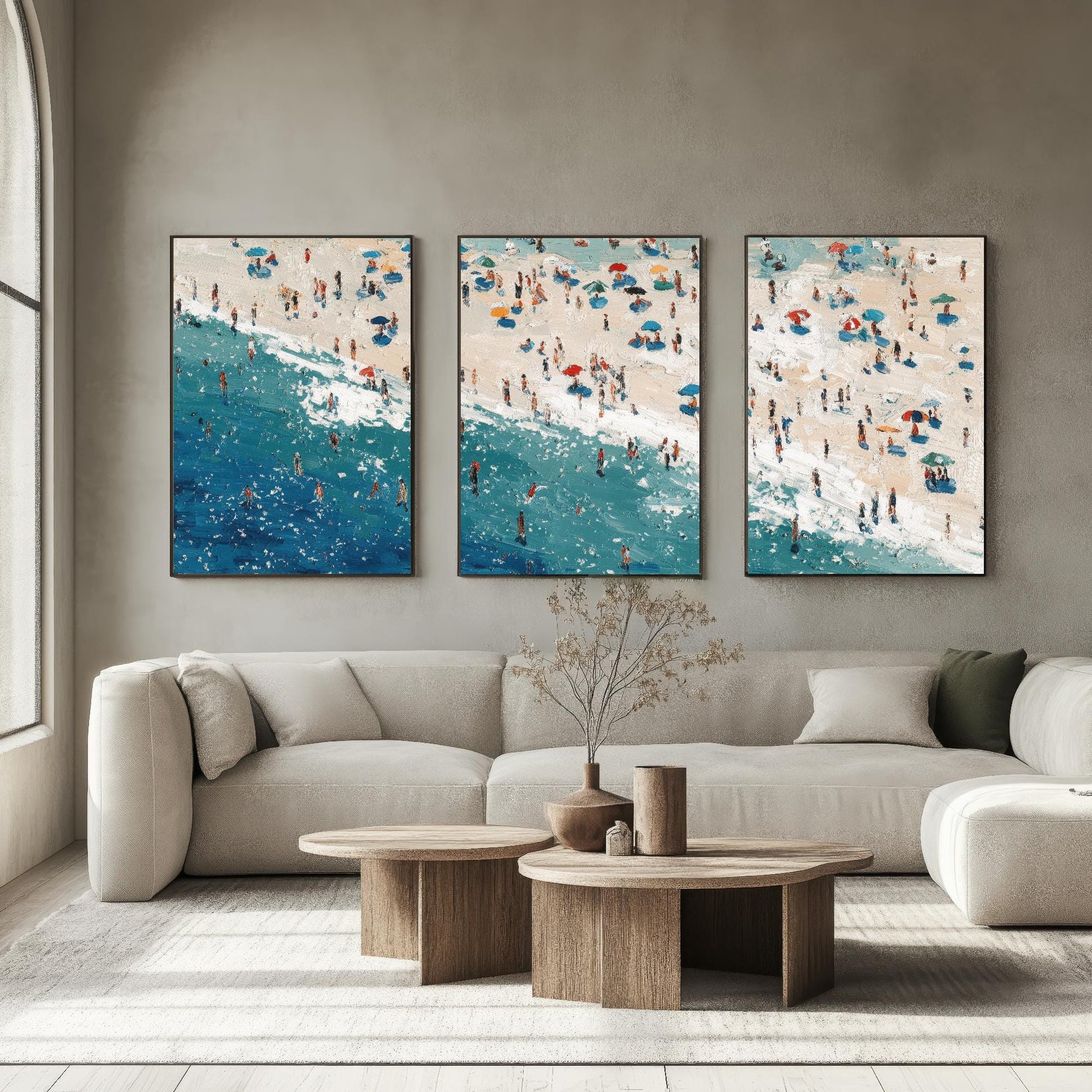 Aerial View of Perranporth Beach Set of Three Posters - Populated Illustration of Ocean - 3 Art Prints Painting Sand Waves Hopton-on-Sea