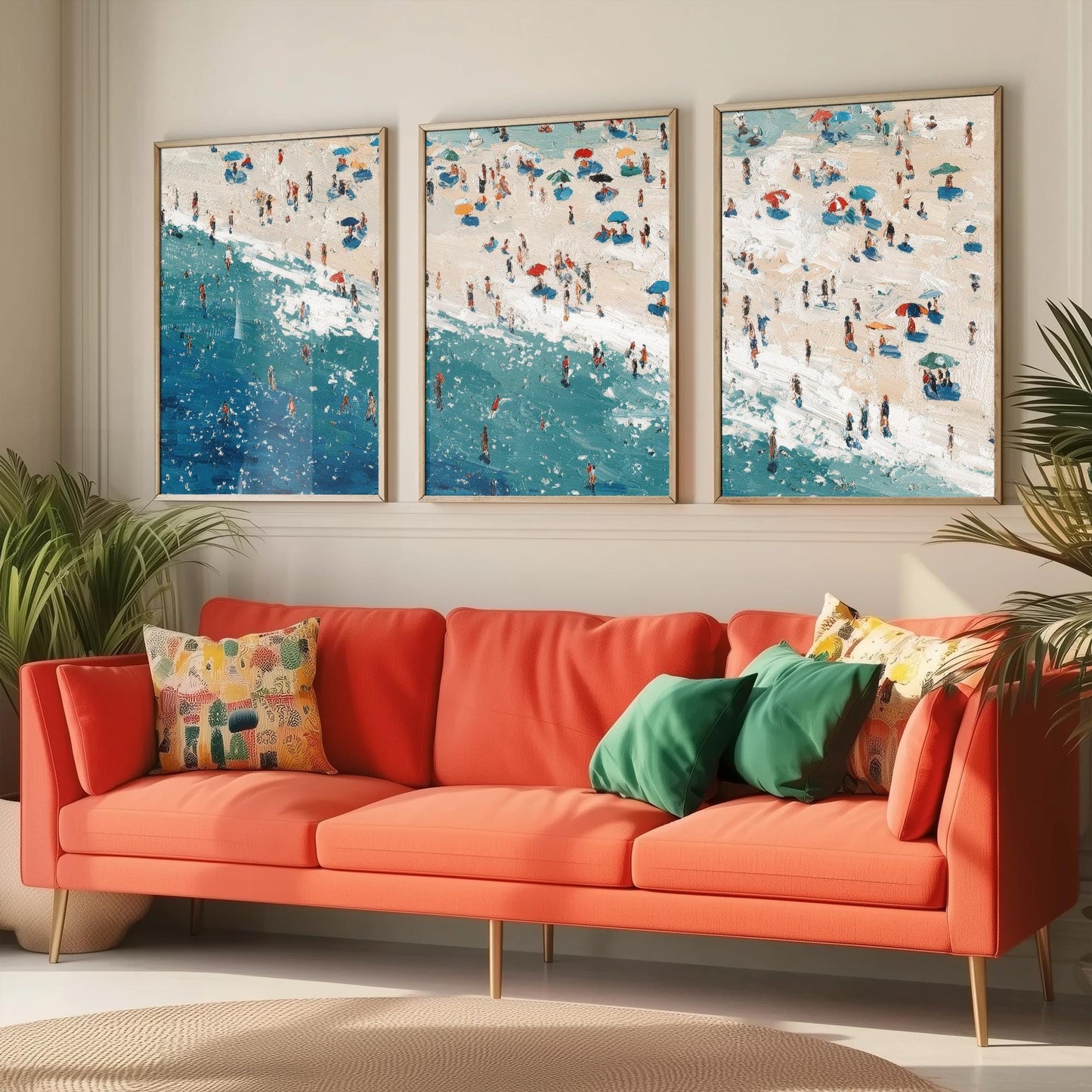 Aerial View of Perranporth Beach Set of Three Posters - Populated Illustration of Ocean - 3 Art Prints Painting Sand Waves Hopton-on-Sea