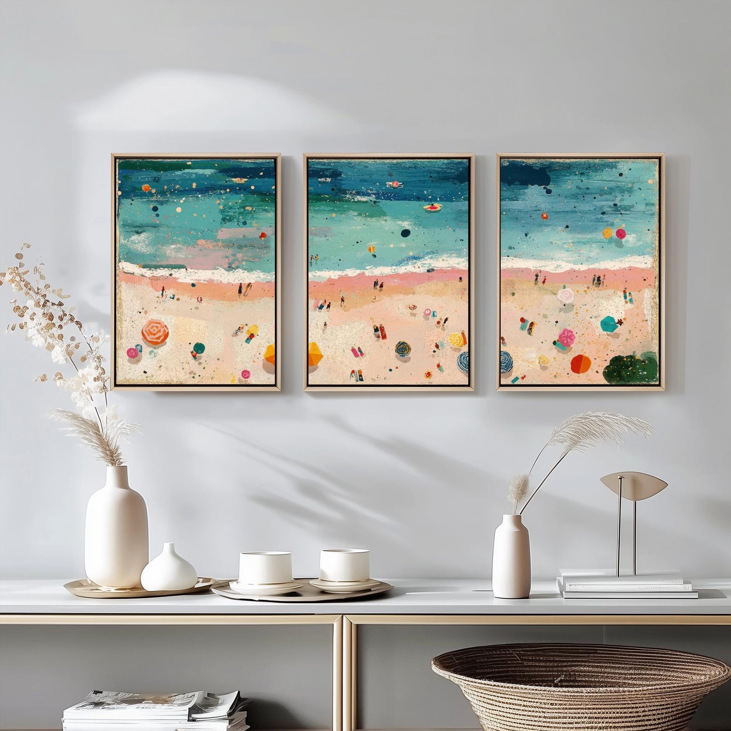 Aerial View of Weston-Super-Mare Beach Set of Three Posters - Populated Illustration of Ocean - 3 Art Prints Painting Sand Waves Mudflats